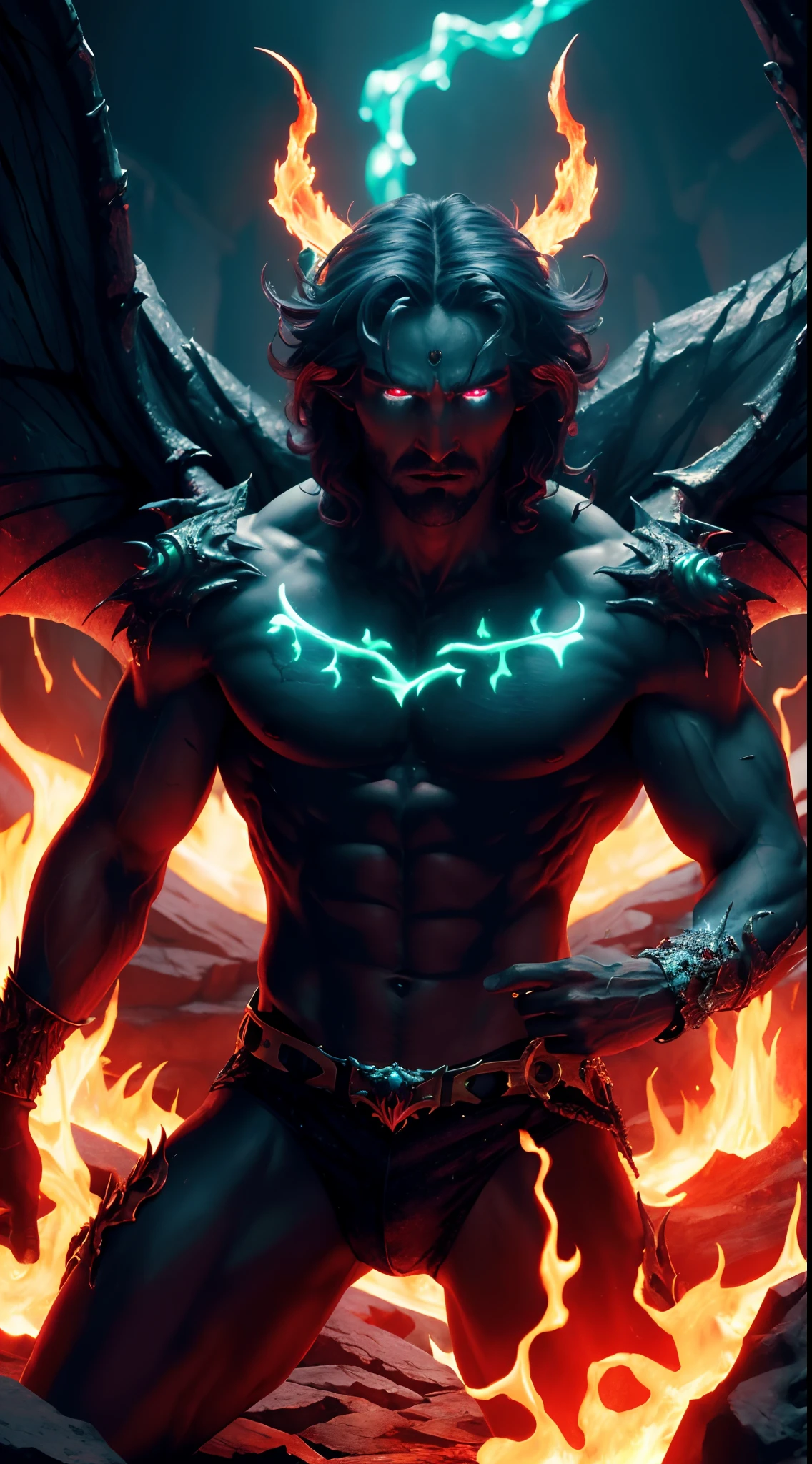 ((masterpiece)), ((8k resolution)), ((an Incubus)), in hell, strong, (((4k))), ((((highly detailed)))), strong, aura, glow, neon, fire, crystals