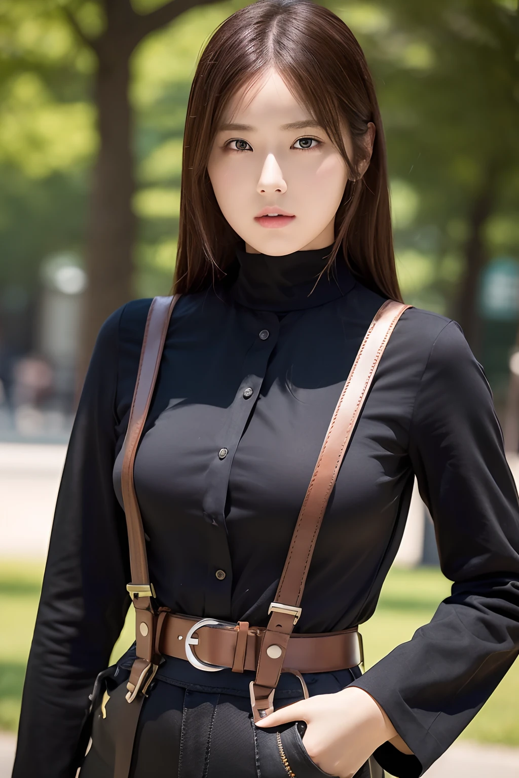 masterpiece、flat-colors、depth of fields、lens flare 1 girl、、Brown hair、watching at viewers a belt black suspenders large full breasts Armpit sweat perspiring Side of both hands walls: Black pants, Black jacket holster arm Leg holster arma Gaze Small face bangss
