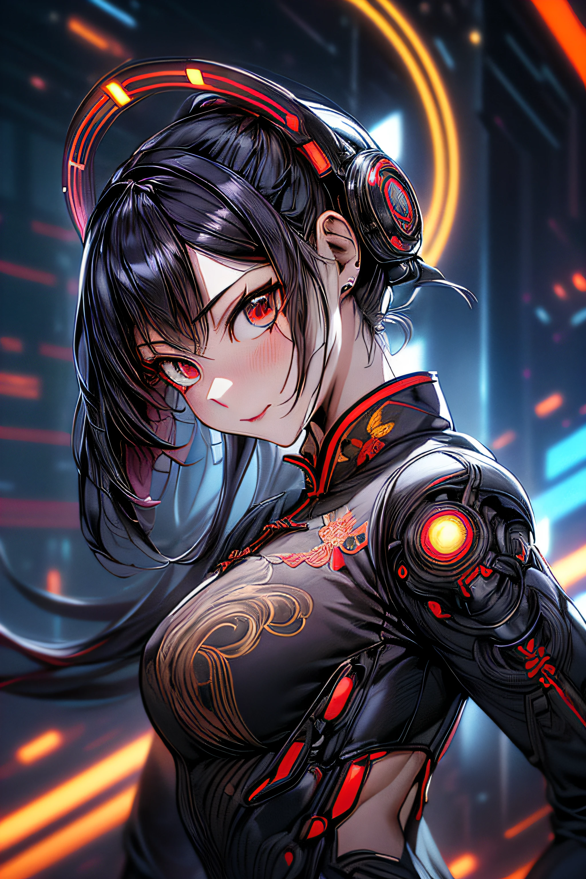 (comic book style),(linear art_Anime),(masutepiece, Best Quality, ),(Laura Bad Picture:1.2),(Lora Add Details:1.2),A highly detailed,(flat-colors:0.8), 8K,1 girl in、(Futuristic Chinese Fashion_Luxurious embroidery:1.2),Cyber Chinese Style_high-tech backdrop、(machinery background_Chinese background:1.0)、(cyberpunked:0.8)、(Cyber weapons_Cyber weapons:1.0)