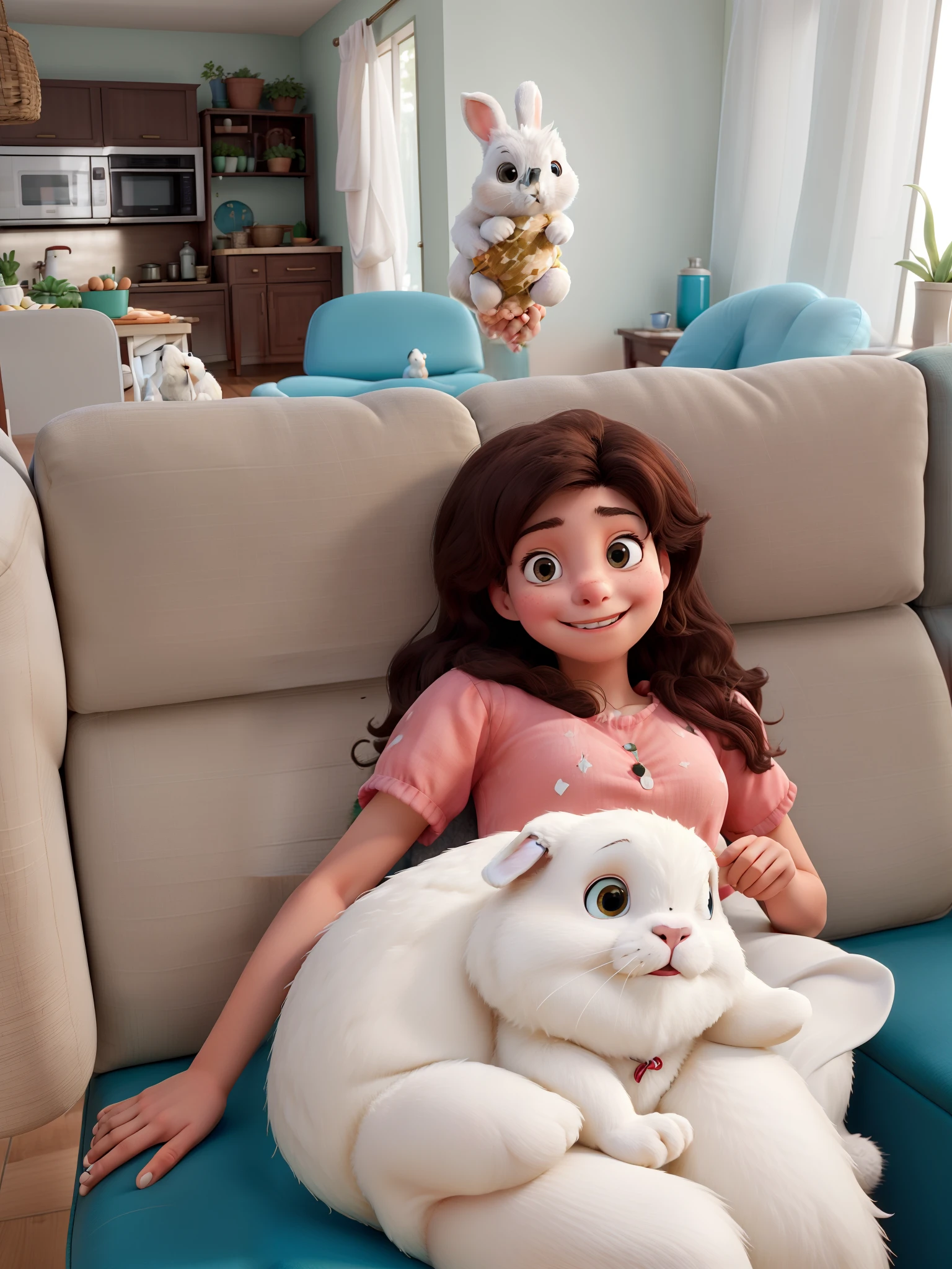 The image features a young girl sitting on a couch, holding a white rabbit in her arms. She is smiling and appears to be enjoying her time with the rabbit. The couch is located in a living room, and there are several chairs around the room. In addition to the girl and the rabbit, there are multiple bottles scattered throughout the room, possibly indicating that the family enjoys spending time together and has various beverages available. A potted plant can also be seen in the room, adding a touch of greenery to the space.
