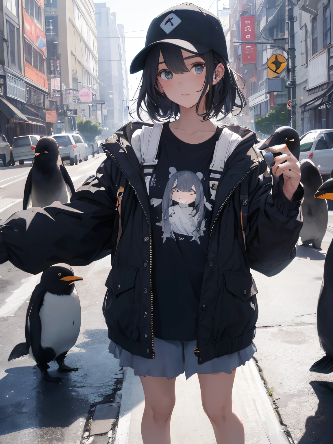 absurderes、hight resolution、ultra-detailliert、(1girl in:1.3)、pantomime art、expressive body language、silent storytelling、Casual style、JINS、tshirts、espadrilles、parka、Simple accessories、Comfortable clothes、Penguins on the shoulders