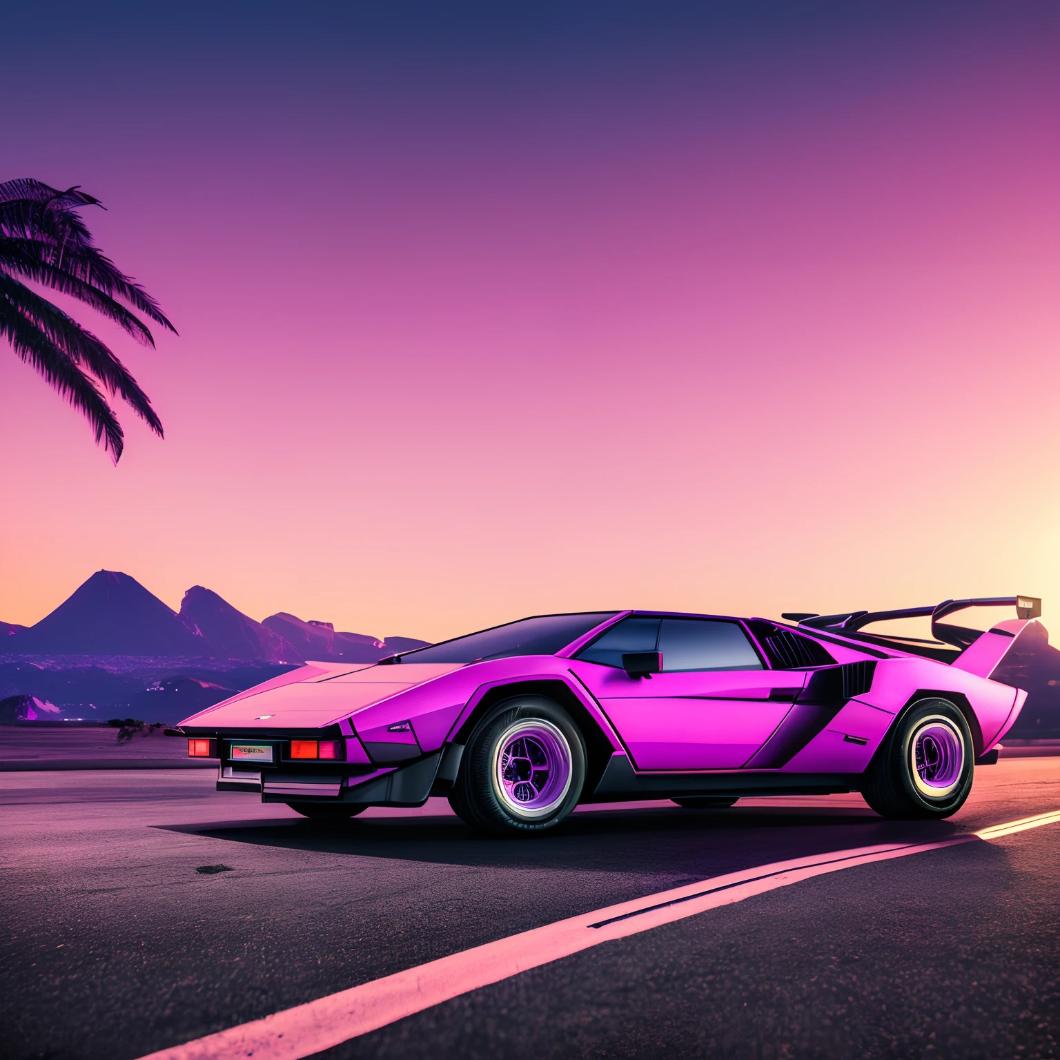 retrowave. 1982 lamborghini countach 500 S model on the road road, purple neon lights, sun, mountain,
(masterpiece,detailed,highres), (nvinkpunk: 1.2) supercarro, solo, estilo snthwve, onda de luz, sun sunset, intrincada, altamente detalhada