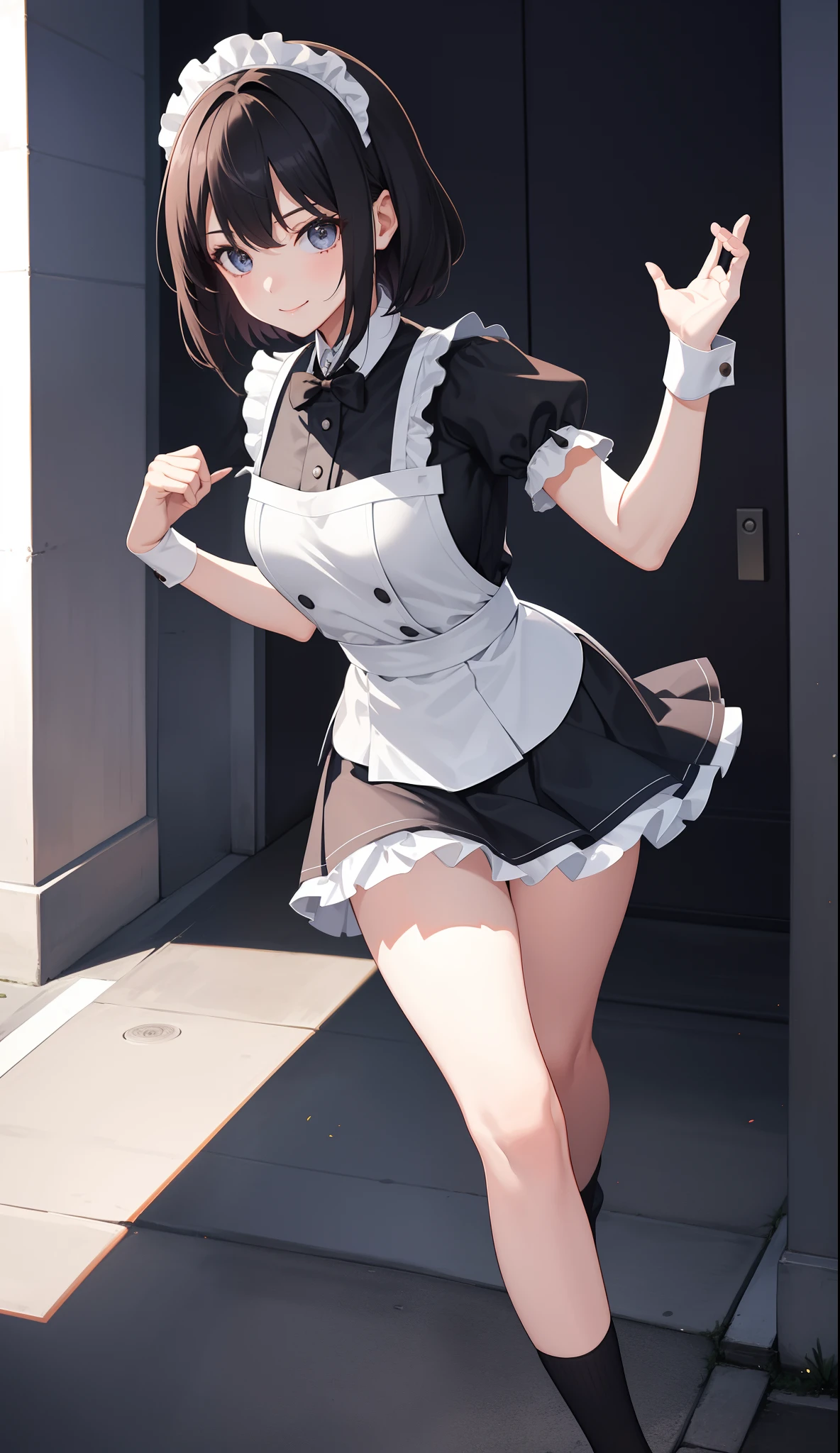 1girl in、AS-Adult、A smile、The shirt、skirt by the、（small tits）、doress、pinafore、Hair decoration、（Maid costume）、Walking with a thigh、Upper body portrait、movement、