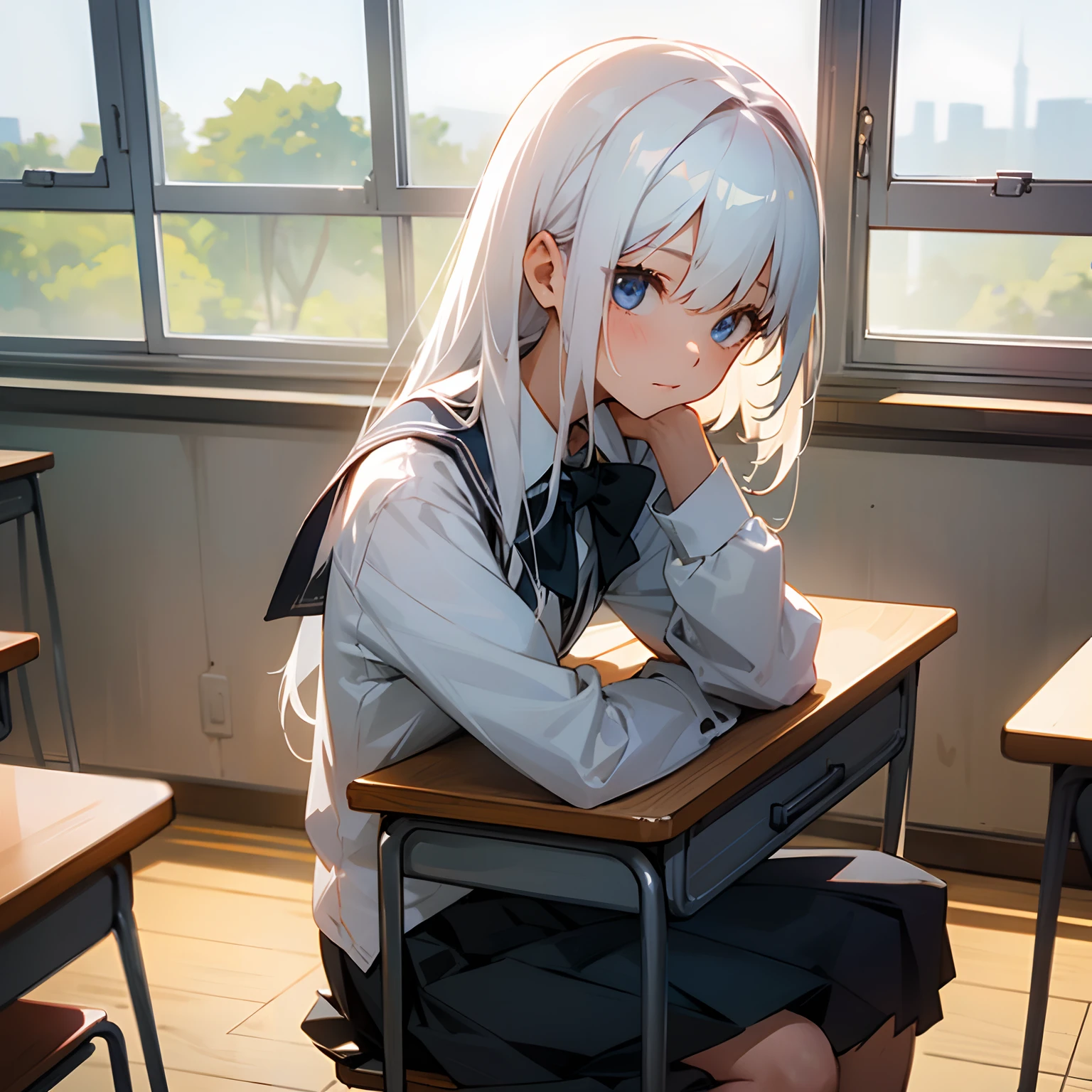 (a girl with) White hair, girl, sitting on a table, classroom desk, looking out of the window style:anime