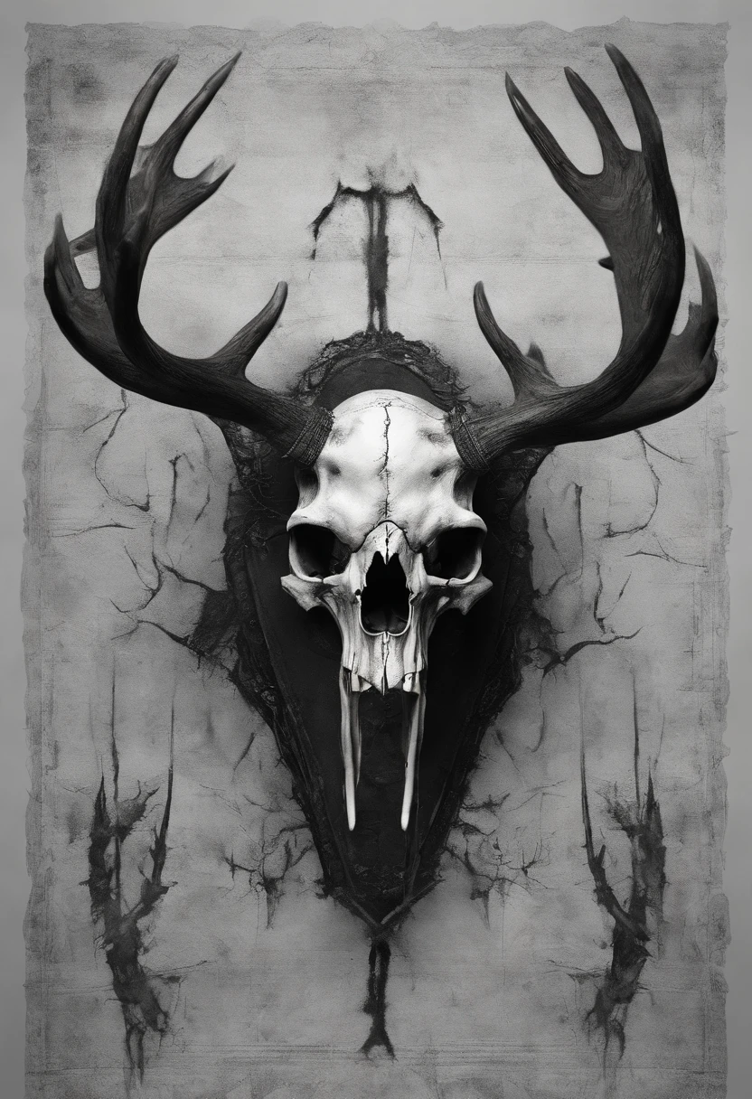 Moose skull, 5 cavidades ocular, 4 chifres, hyper-realistic, artistic, tudo preto e branco