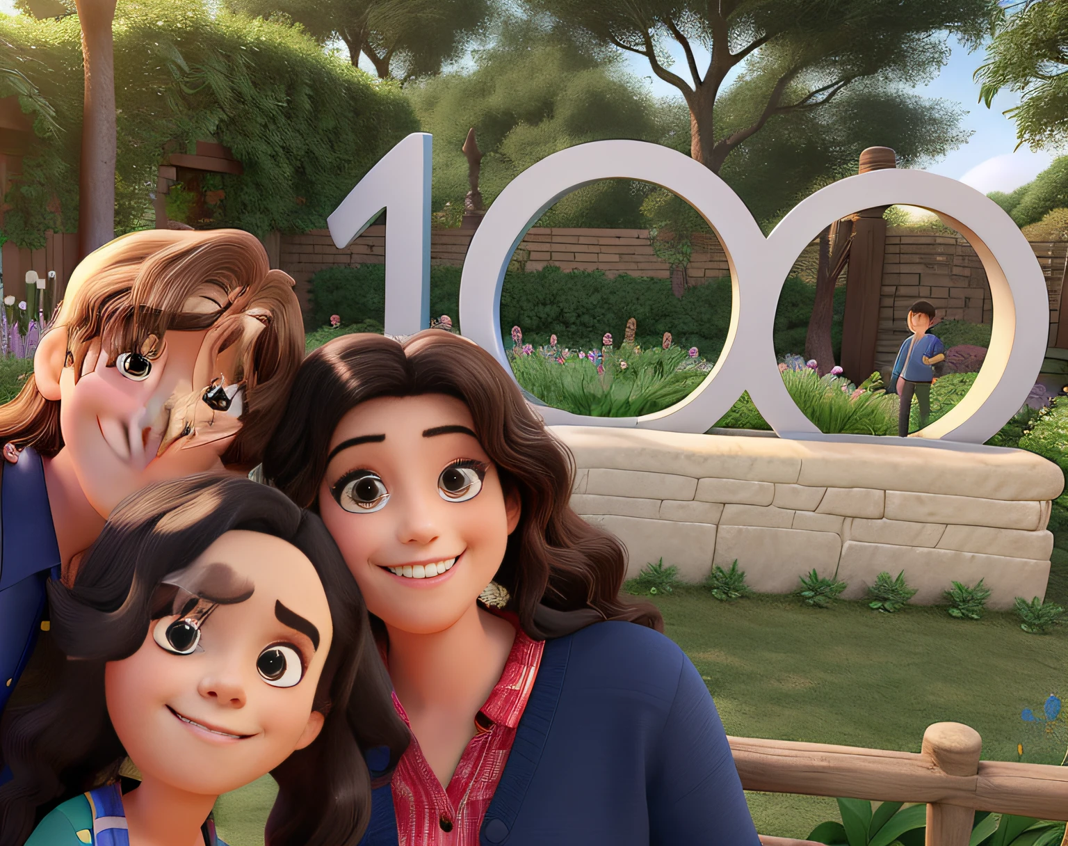 family smiling, estilo disney pixar cartoon, pai grisalho, Boy with long dark hair and mother with dark hair on a garden background with the number 100