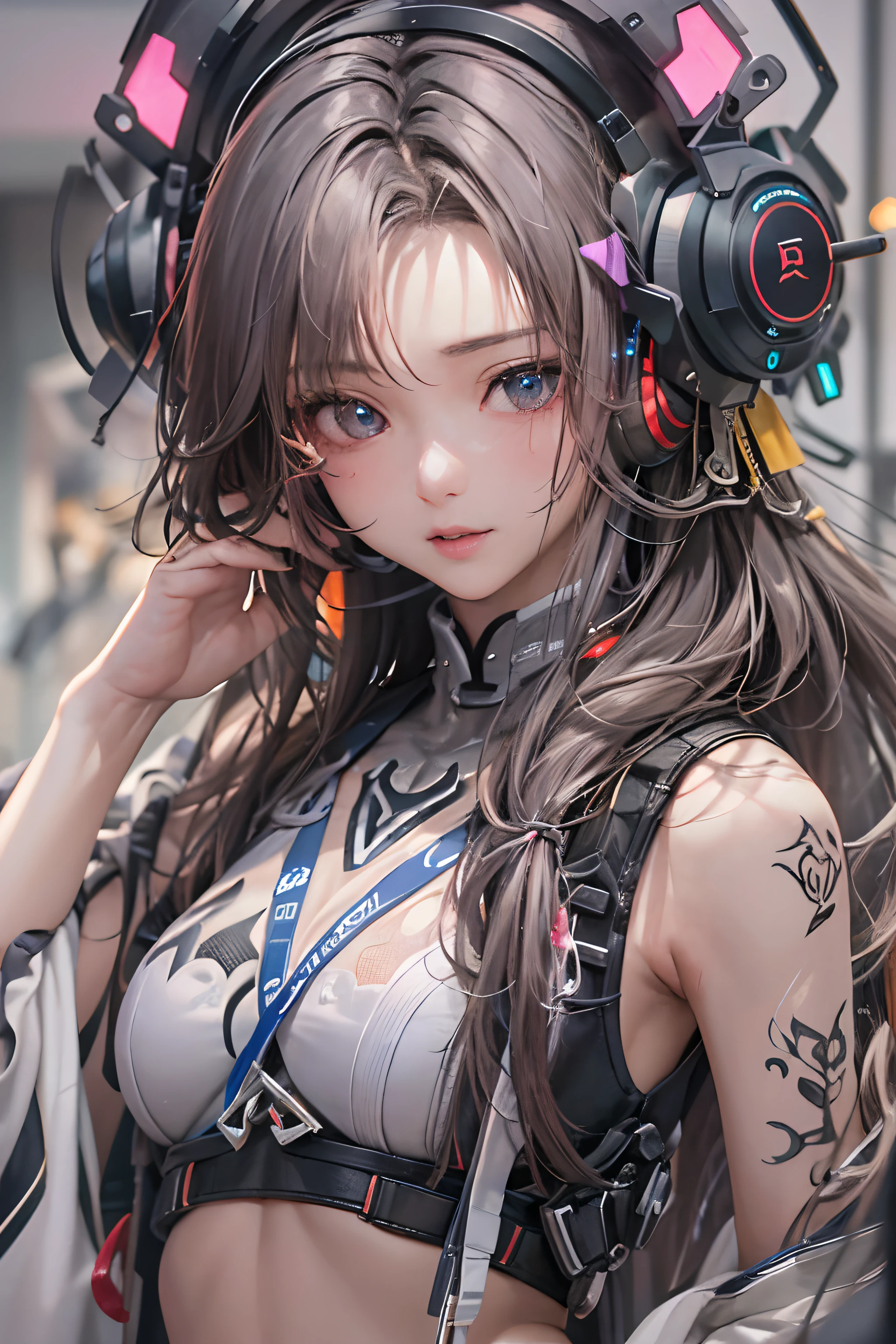 masterpiece, 1 beautiful girl, Detailed eye, Swollen eyes, top-quality, 超A high resolution, (reality: 1.4), 电影灯光, japanes, a asian beauty, very extremely beautiful, Beautiful skins, A slender, Forward-facing body, (A hyper-realistic), (hight resolution), (8K), (ighly detailed), ( Best Illustration), (beautifully detailed eyes), (ultra-detailliert), 详细的脸, Bright lighting, Professional Lighting、The background is a cyberpunk room with a large number of monitors...、The cord is connected from the costume、Hair color is red、headset on head、small tattoo on face、Female Game Commentator