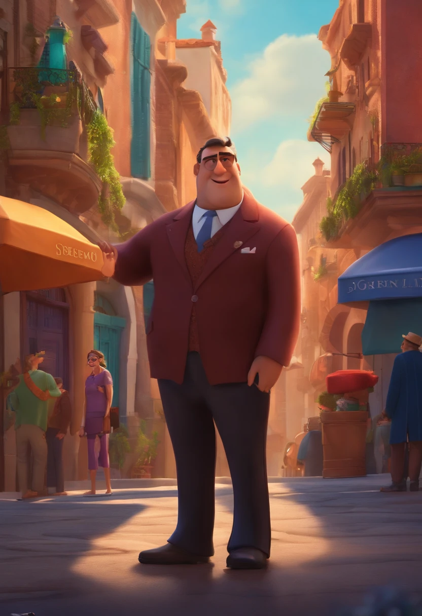 A city councilman looking at a dream project inspired by Pixar animation, de perto. The character takes center stage with captivating facial expressions, oferecendo um toque de irrealidade