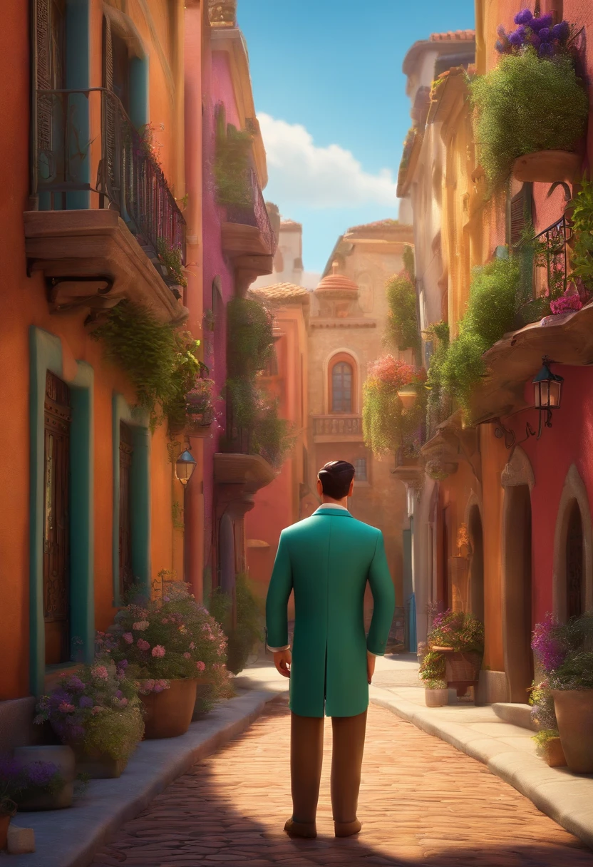 A city councilman looking at a dream project inspired by Pixar animation, de perto. The character takes center stage with captivating facial expressions, oferecendo um toque de irrealidade