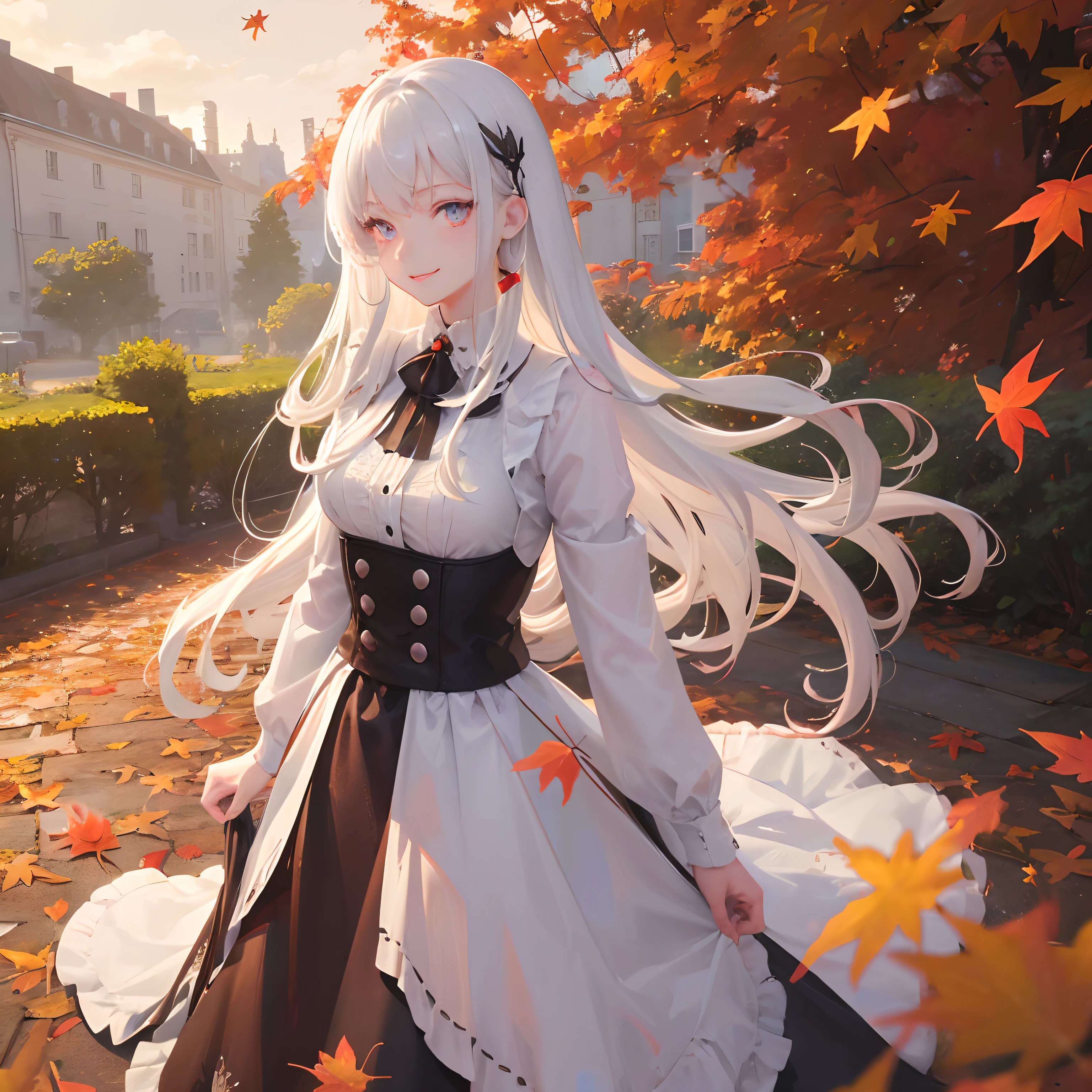 masutepiece, Highest Quality, (Perfect face:1.1), (high detailing:1.1), (ultradetailed eyes), Dramatic, superfine illustration, Extremely detailed, 1girl in, (pale skin), long white hair, Ethereal eyes, (light eyebrow), ((Lovely smile)), Solo, Long hair, student clothes,Pouty lips, Proud Expression, Laughing, Cinematic lighting, One-person viewpoint, Standing, In the garden, Autumn leaves