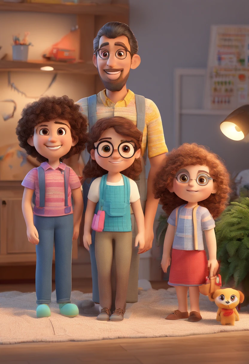 Estilo Pixar: Familia,A mother and two children, a 10-year-old boy, fair skin, light brown hair, straight,olhos castanho mel e segurando um novelo de linha ,Girl light skin straight blonde hair light brown eyes holding an amigurumis mom dark brown hair straight braces on tooth,The setting is a crochet atelier with amigurumi in the background and a shelf of skeins,