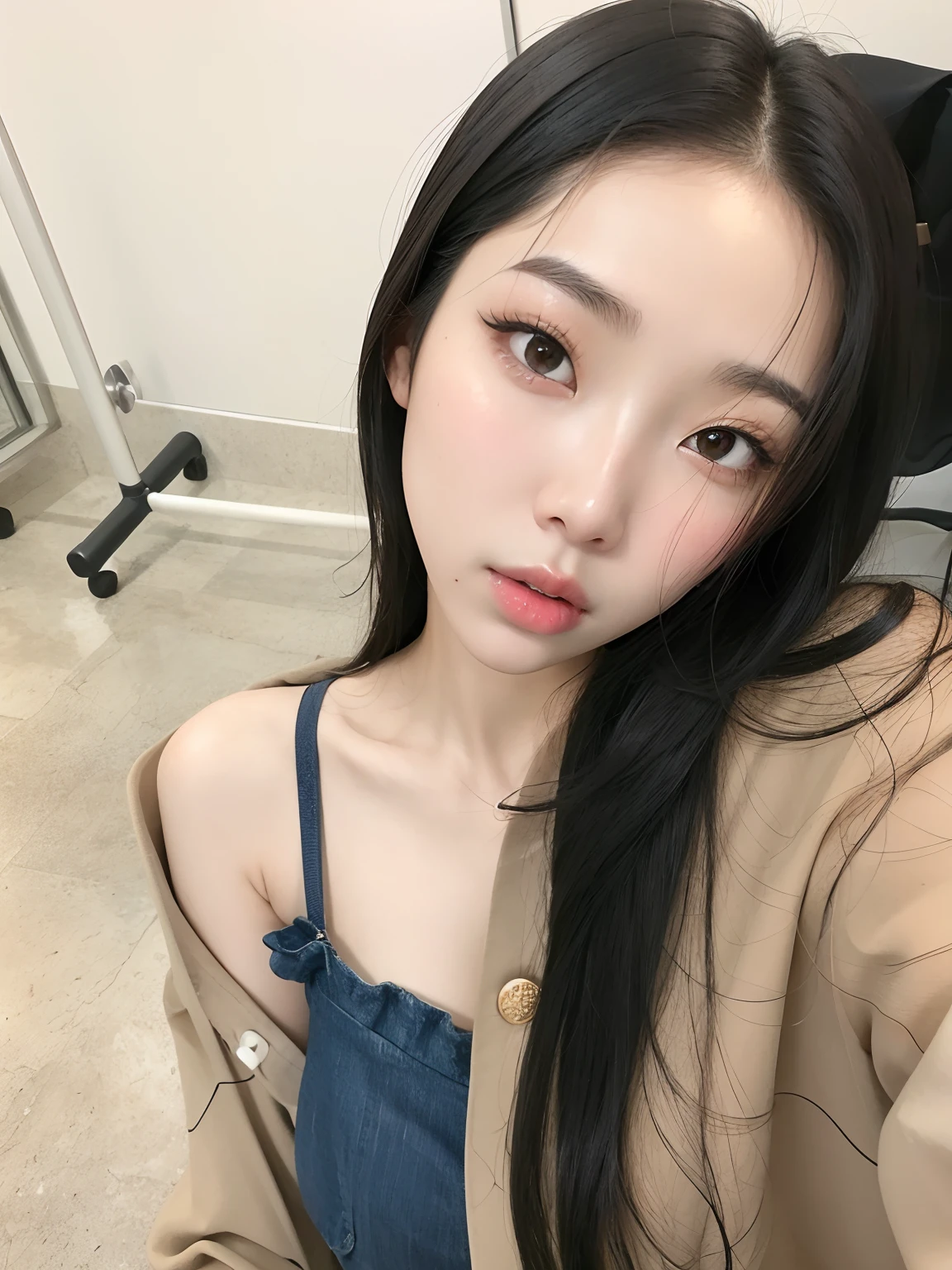 um close up de uma mulher com longos cabelos pretos usando uma jaqueta bronzeada, Ulzzang, menina coreana, Jinyoung Canela, Mulher sul-coreana bonita, linda mulher coreana jovem, wan adorable korean face, Heonhwa Choe, Jaeyeon Nam, Kim Doyoung, mulher coreana jovem bonita, Sakimichan, 19-year-old girl