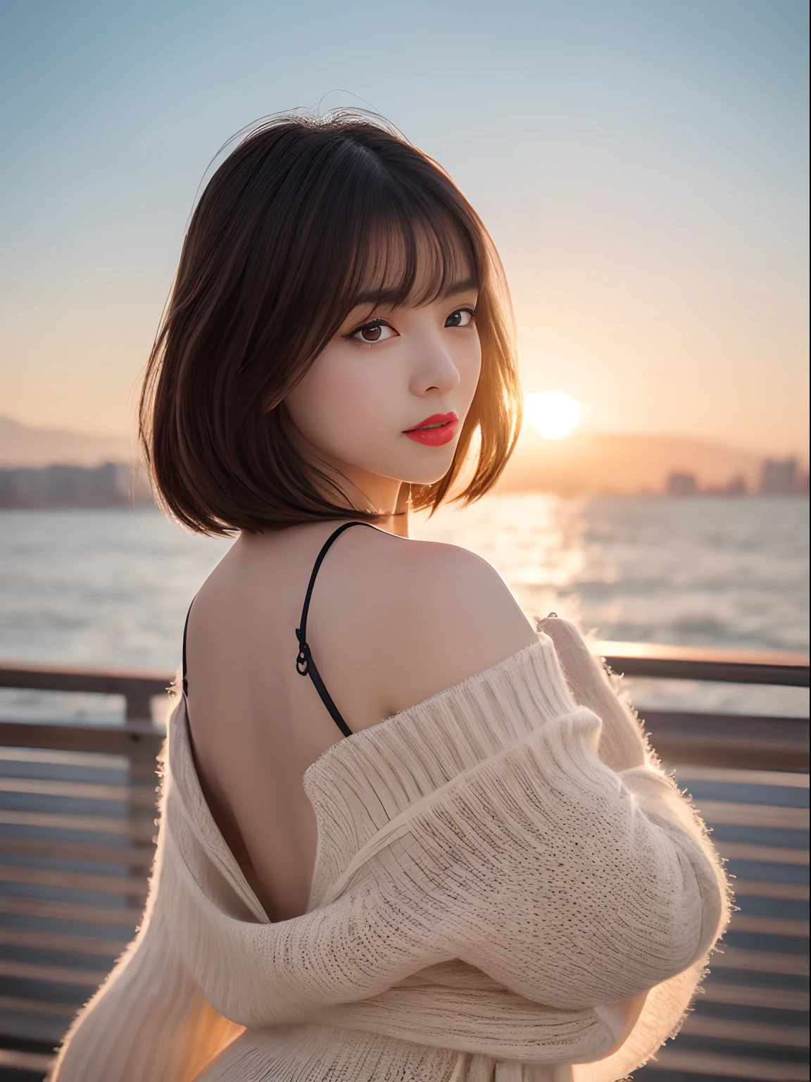 extremely delicate and beautiful girl,realisticlying,Incredibly absurd,abstract art,From waist to shoulders,catch,extra detailed body,Short Black Hong Kong Style Hair,,Floating hair,light brown hair,Vitone Hair,beautiful fine hair,Exquisite and beautiful face,Light smile,Clear eyes,parted_Lips, Black colored eyes,Neck_bow ribbon,frilld_Dress,beautiful and clear background,Beautiful sky,full bloom,very precise details,absurderes,extremely CG,((A sexy mature girl:1.5))、Thick lip、Crimson Lip Gloss、eye make up、((40 years:1.5))、Sweaters、New York Manhattan、Sunset sky