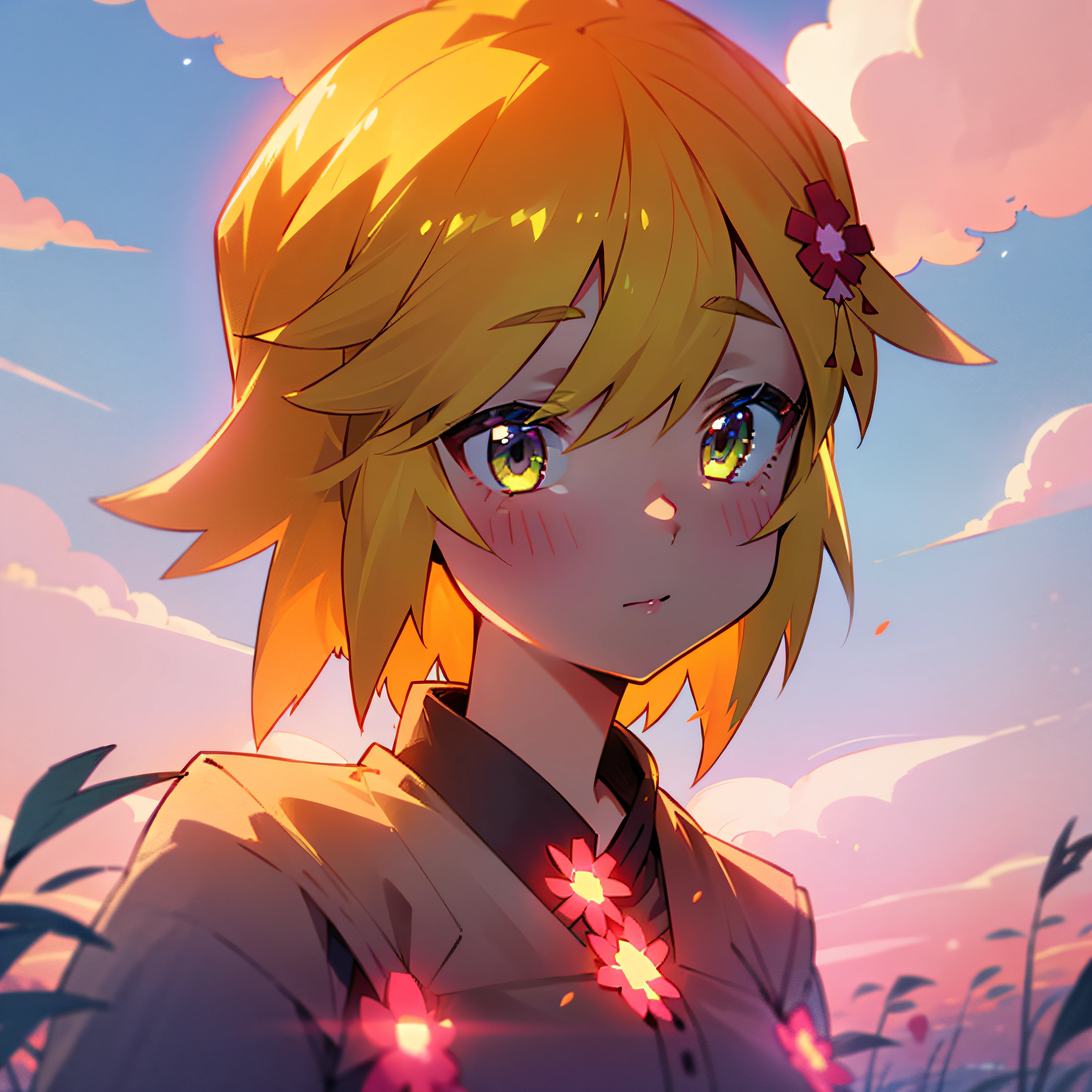 (a girl stands in a field of neon flowers, detailed face, out of frame, clouds, sunrise)