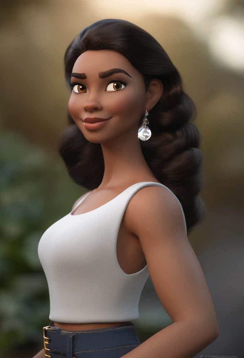 personagem dos desenhos animados de uma mulher de cor parda, cabelos pretos, liso, com quadris largos, de camisa preta, calca jeans, tenes branco, animation character, Caractere estilizado, animation style rendering, 3D estilizado, Arnold Maya render, 3 d render stylized, toon render keyshot, Personagem 3D, Personagem 3D, 3d rendering stylized, 3 d character render, personagem de desenho animado, Personagem de close up, Pose de personagem, (Estilo Pixar) (master part:1.2) (Bokeh) (best quality) (pele detalhada) (textura detalhada) (8k) (argila) (Cinematic lighting) (foco nítido