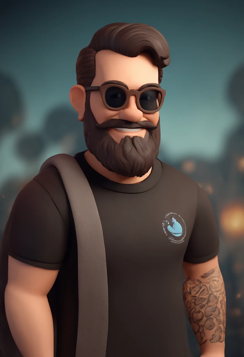 Cartoon character of a man with black glasses and a black polo shirt, cabelo liso, With beard and old school tattoo on his arm, SORRIDENTE E BONITO, animation character, Caractere estilizado, animation style rendering, 3D estilizado, Arnold Maya render, 3 d render stylized, toon render keyshot, Personagem 3D, Personagem 3D, 3d rendering stylized, 3 d character render, personagem de desenho animado, Personagem de close up, Pose de personagem,  (Estilo Pixar) (master part:1.2) (Bokeh) (best quality) (pele detalhada) (textura detalhada) (8k) (argila) (Cinematic lighting) (foco nítido