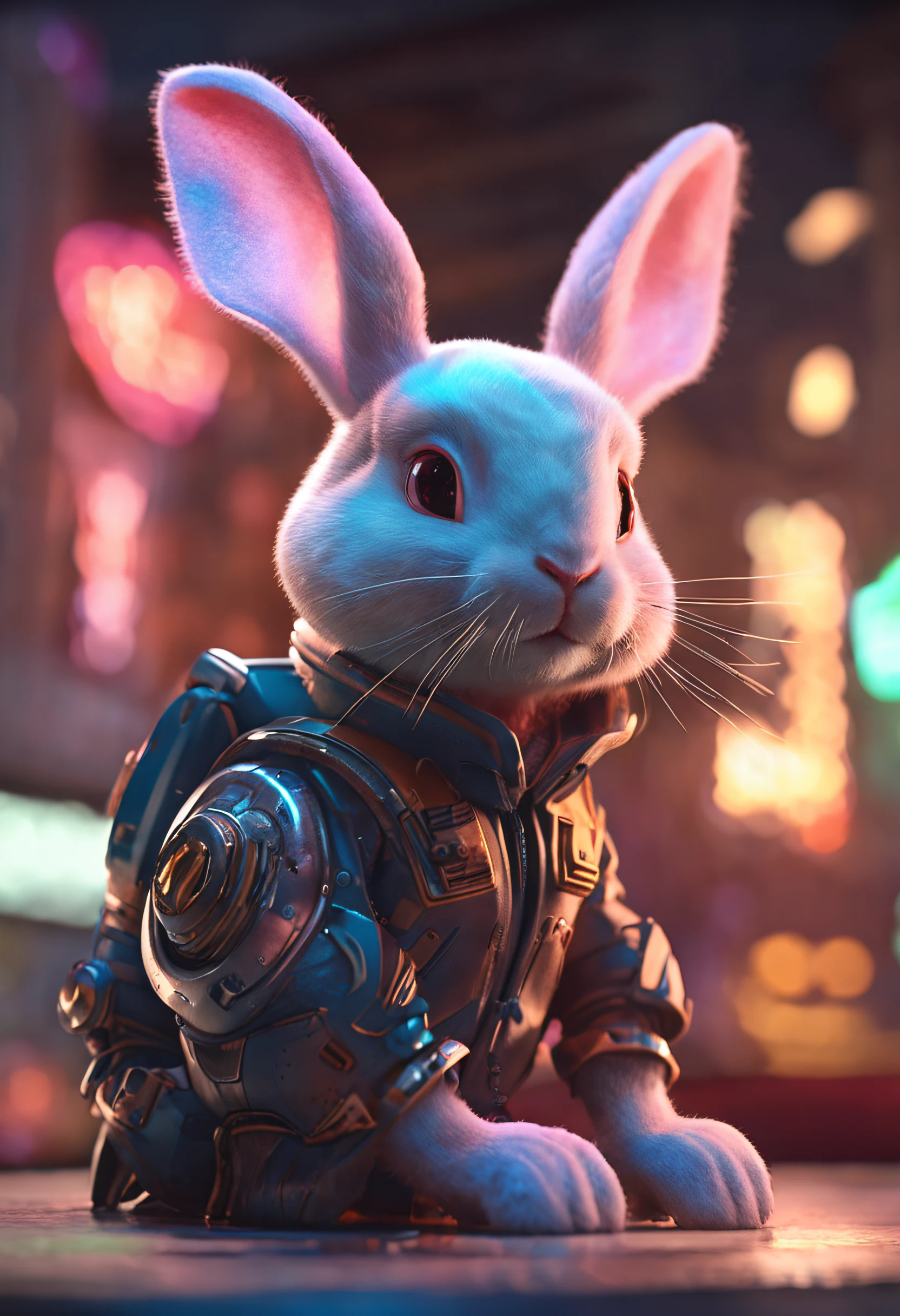 cute and adorable rabbit, Steampunk, Futuristic, neon lighting, sunlight, raio de sol, detalhes intrincados. 8k, Sonho, super fofo, symmetric, soft lighting, trending on ArtStation, detalhes intrincados, altamente detalhado,  Motor irreal, Directed by: Ross Tran, WLOP, Artgerm e James Jean, Brian Froud, art illustration by Miho Hirano, Neimy Kanani, oil on canvas by Aykut Aydoğdu, bonito grandes olhos circulares reflexivos, pixar rendering, unreal engine cinematic smooth, detalhes intrincados