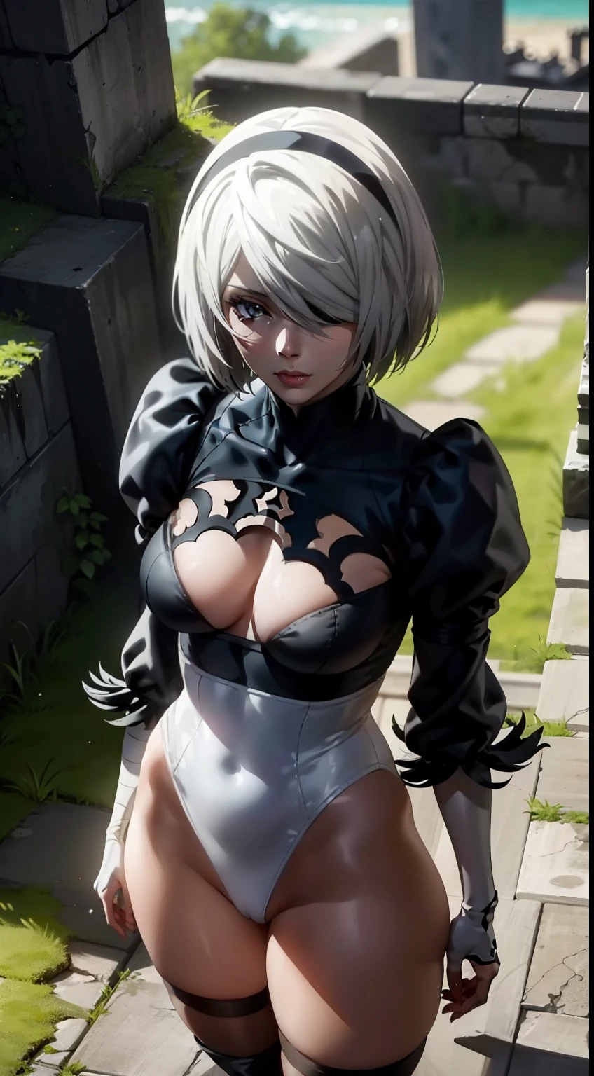 Camera from above, leans forward, Standing on the edge, stands, Camera from above, Frame from above, shapely legs, stands on the edge of the roof, White Hair Bob, ashy hair, The eyes are covered with a bandage, Cyan eyes, black dress with a short skirt, short black skirt, The skirt covers the buttocks, neckline on the chest, white panty, black stockings, high black boots, high-heeled boots, very extremely beautiful, Small firm buttocks, Slender figure, Full-length(Body Full 1.1),Game nier automata, ruined city, The city, overgrown with plants, Ruins, high detail official illustrations, ((beautiful fantasy girl))，Red Small Breasts, Her breasts are sticking out from under her clothes, BREAK (Master Part: 1.2), Best Quality, High Resolution, photorealestic, photogenic, Unity 8k壁纸, (illustartion: 0.8), (Beautiful detailed bluish-gray eyes: 1.6), extremely detailed face, perfect  lighting, extremely detailed CGI , (perfect arms, perfect anatomy), A girl with perfect breasts, beatiful face, master study, intricate details, Detalhes realistas, the anime, (Based on nier automata) the perfect body, The Perfect Girl, perfect details, Ultra HD |, 8K, Professional photo, 2B Sexy Body,