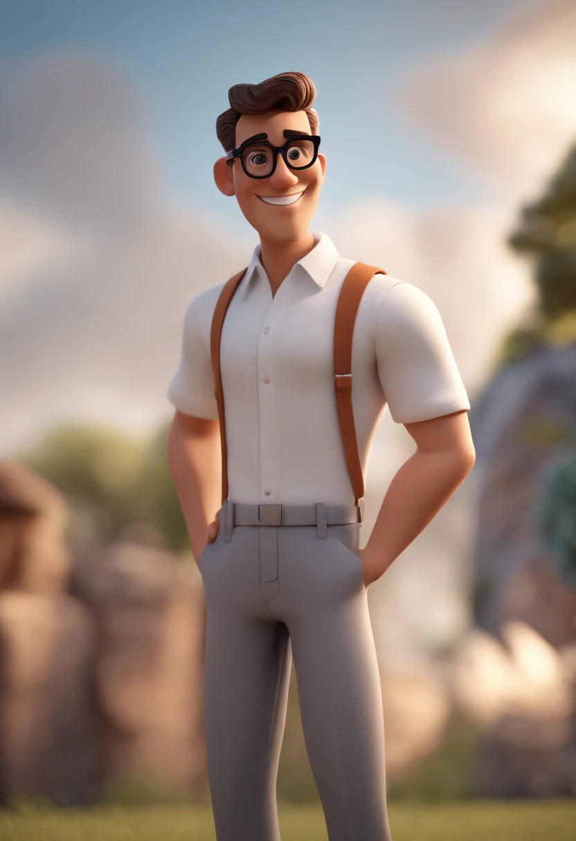 Cartoon male character wearing black glasses and white shirt, um personagem animado, Caractere estilizado, animation style rendering, 3D estilizado, Arnaldo Maya Credor, 3d rendering stylized, toon render keyshot, 3DCHARACTER, Personagens 3D, 3d rendering stylized, 3 d character render, personagem de quadrinhos, Personagem de close up, Pose de personagem, (Estilo Pixar) (masutepiece:1.2) (Bokeh) (best quality) (pele detalhada) (textura detalhada) (8k) (argila) (Cinematic lighting) (foco nítido,Sente-se e vaze a parte superior do corpo