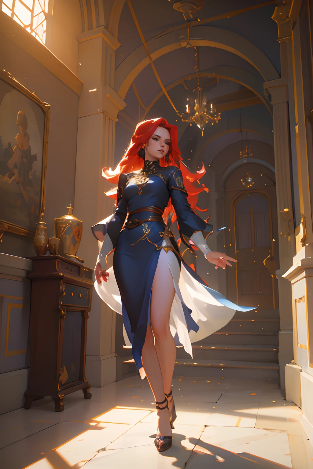 ((Mejor calidad)), ((Obra maestra)), (Muy detallado: 1.3), Cuerpo Completo, 8k , LEONA, Femenino , LEON, VESTIDO TURQUESA, PELO ROSA