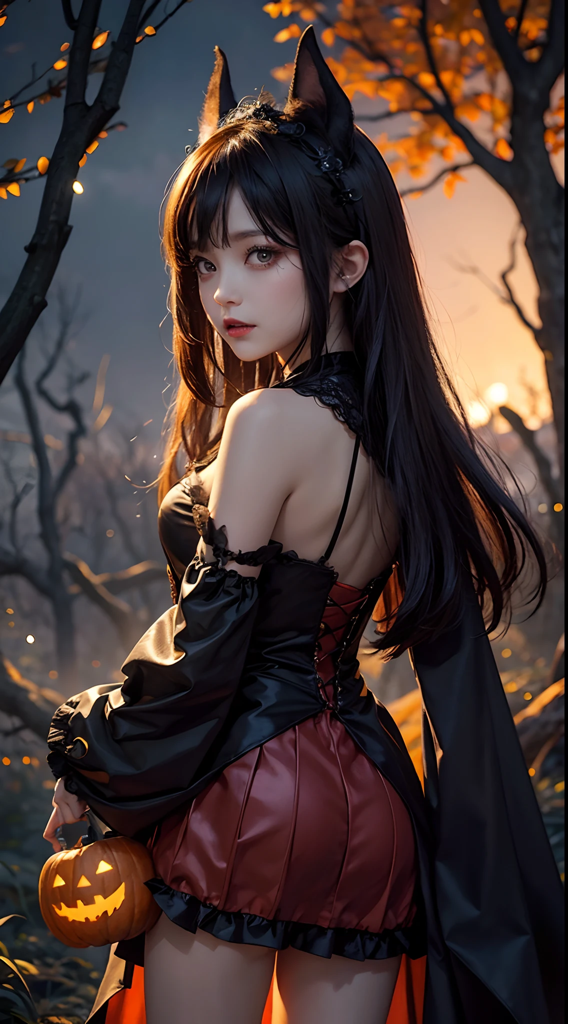 ((Enchanting costumes for Halloween、))a miniskirt、In the scary woods、The Way of、Scary tree branches、halloween night、Halloween Pumpkin、