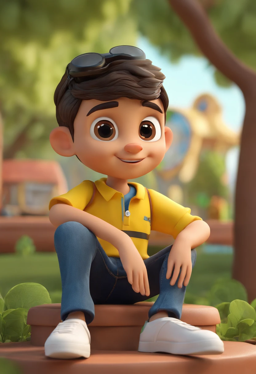 Cartoon character of a boy with a yellow polo shirt and jeans wearing a cap with a black circle in the center and contented appearance, animation character, Caractere estilizado, animation style rendering, 3D estilizado, 3 d render stylized, toon render keyshot, Personagem 3D, Personagem 3D, renderizado