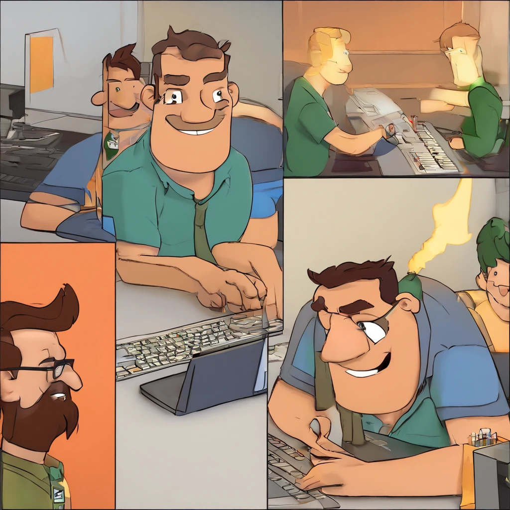 Criar um personagem no estilo Pixar. Trata-se de um homem de 36 anos, com barba, Branco, com cabelos pretos curtos e um quiff, e olhos pretos. Ele deve estar na frente de um computador, Trabalhar como designer