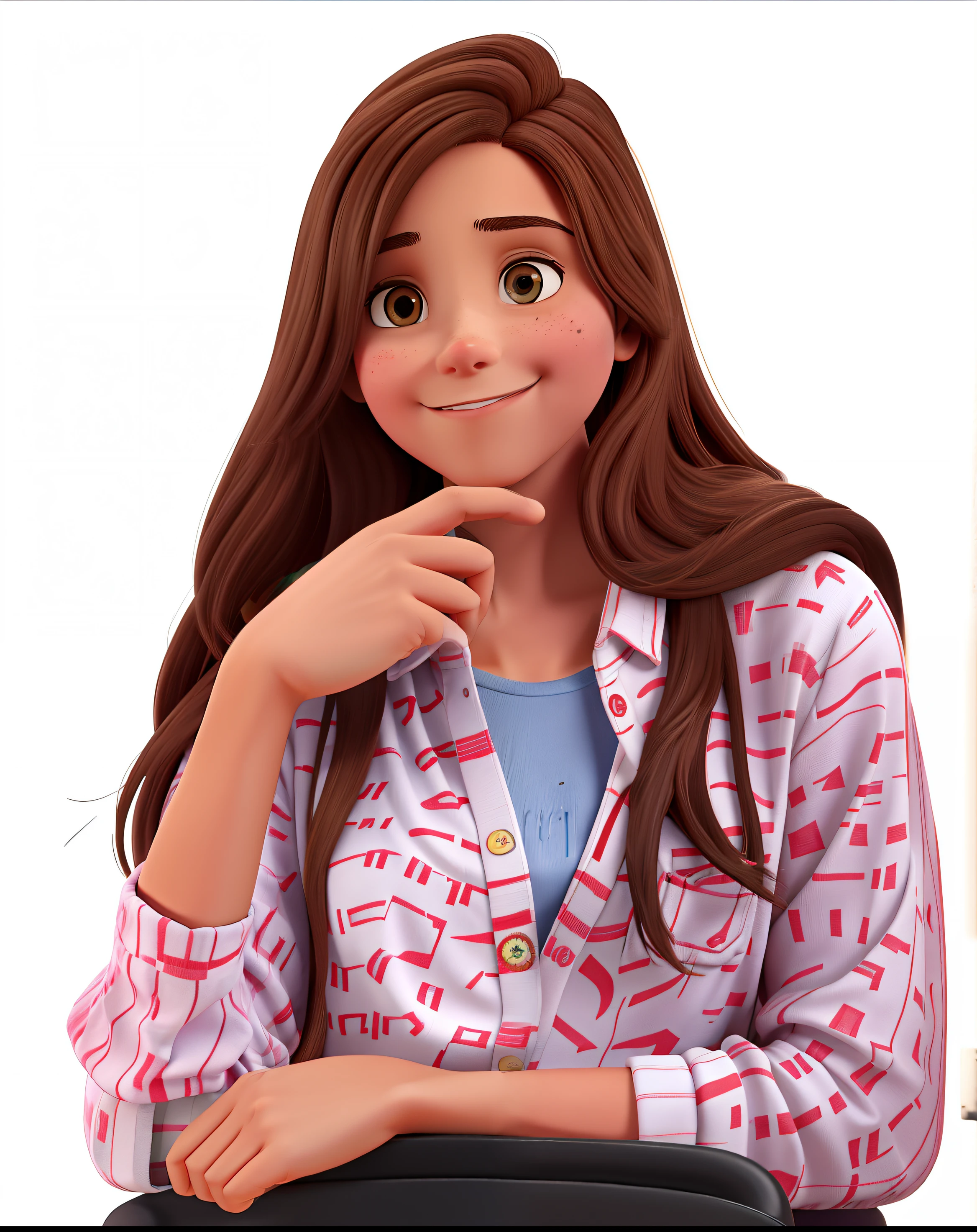 Uma Jovem de 39 anos com pele clara, Straight light brown hair 1 meter and 64centimeters 60 kilos A library with several books on the shelf and holding a pencil in my hand