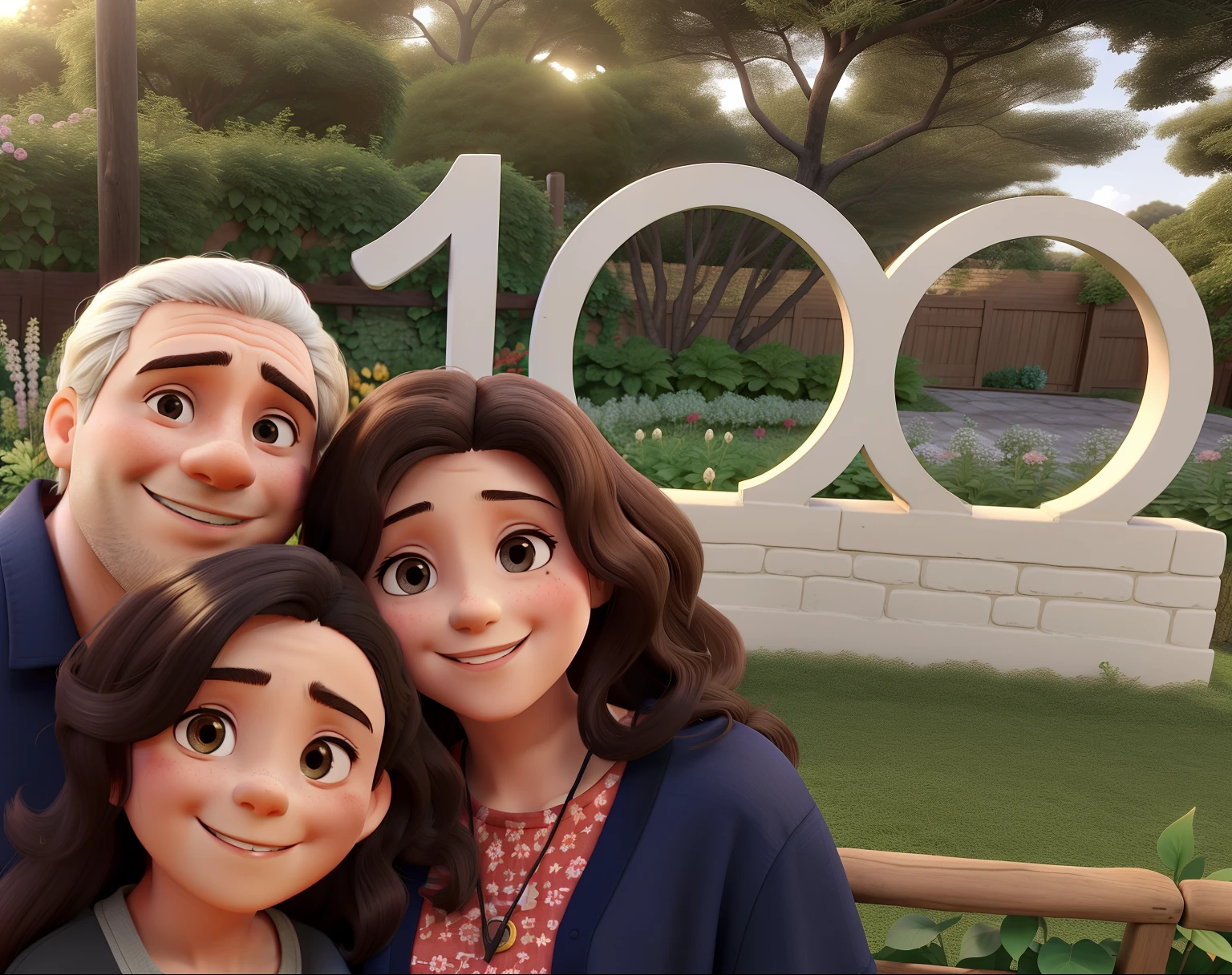 family smiling, pai grisalho com cabelo muito curto, com cabelo longo escuro, Mother with long dark hair, Garden background with the number 100, alta qualidade, melhor qualidade de imagem