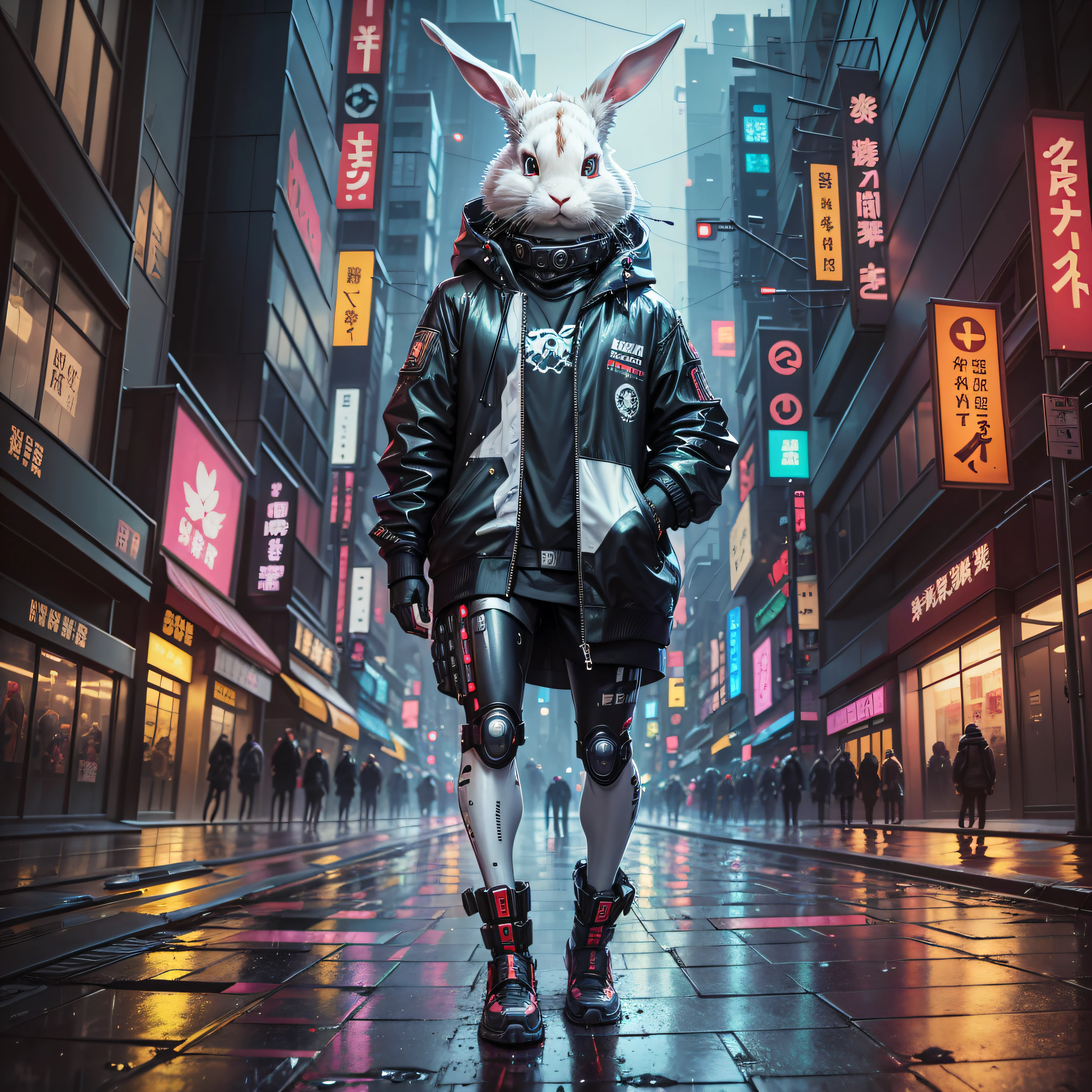 A rabbit half animal half cyborg, cyberpunk scenery, chaotic city, rain, sidewalks and wet streets, futuristic clothes, Tokyo, LED lights --auto --s2
