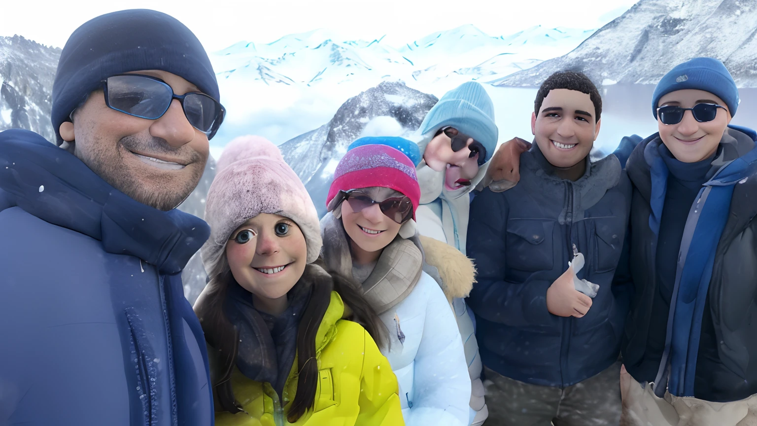 There is a group of people posing for a photo on a mountain, nas montanhas de neve, com montanhas ao fundo, na montanha, nas montanhas, Happy family, foto de perfil, nas montanhas, durante a queda de neve, imagem de perfil, com muitos viajantes, com montanhas no fundo, (neve), frio como gelo! 🧊, in the swiss alps