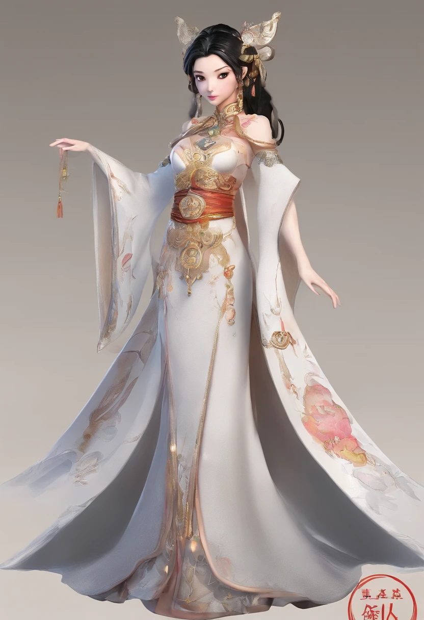 An ancient Chinese woman、gentle expressions、full bodyesbian、Clear facial features、Amazing facial features,Complex design,Game model,Original art design,character design,stylized character,cartoon character, (pixar-style) White background --AR 3:2, Character pose