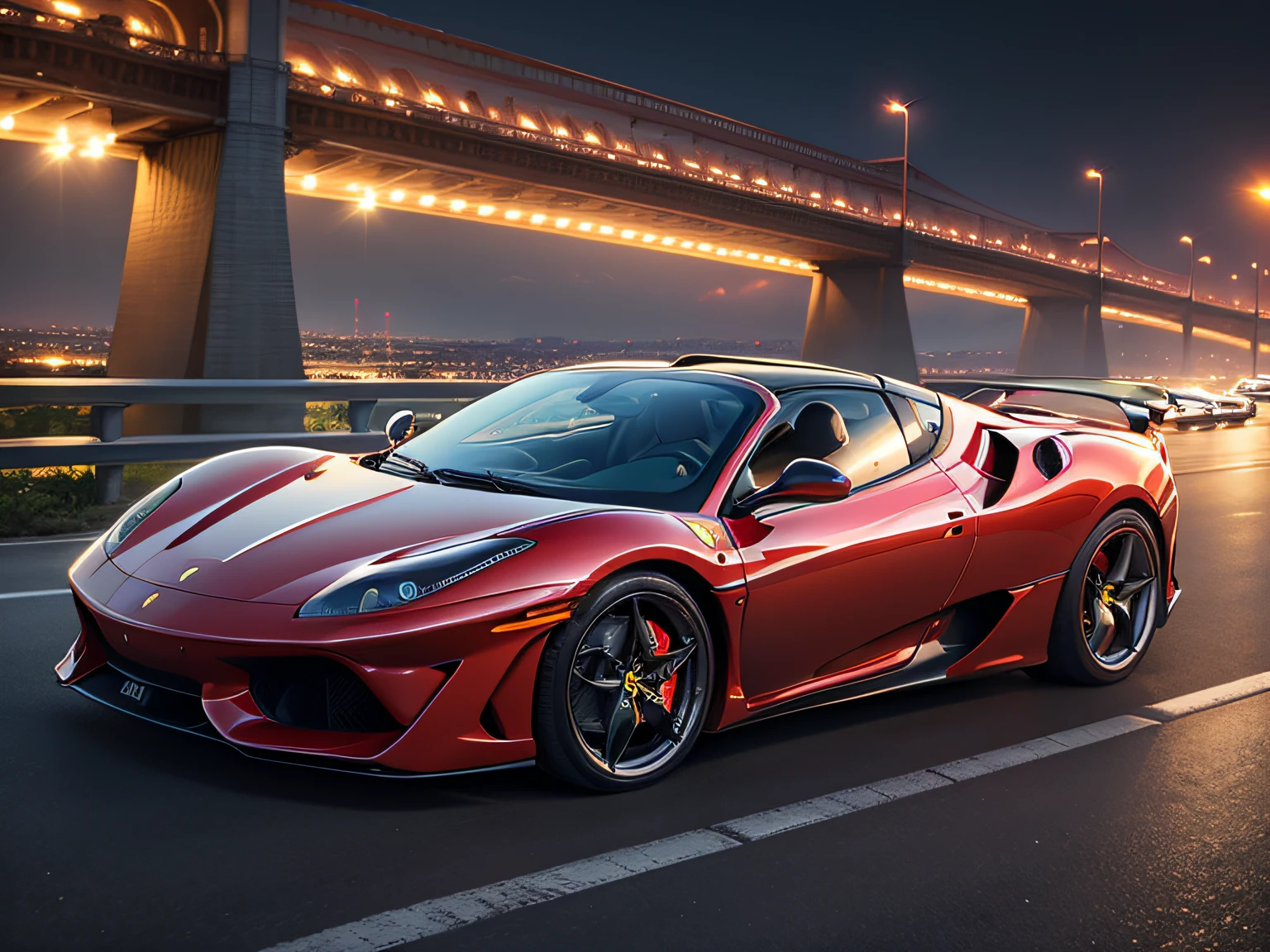 超A high resolution、An ultra-high picture quality、8K、Detailed details、marvelous expression、Big city at night、 Ferrari 360 Spyder(METALIC RED)Driving on the highway、Turn on the headlights、Ride beautifully through the highway at night、