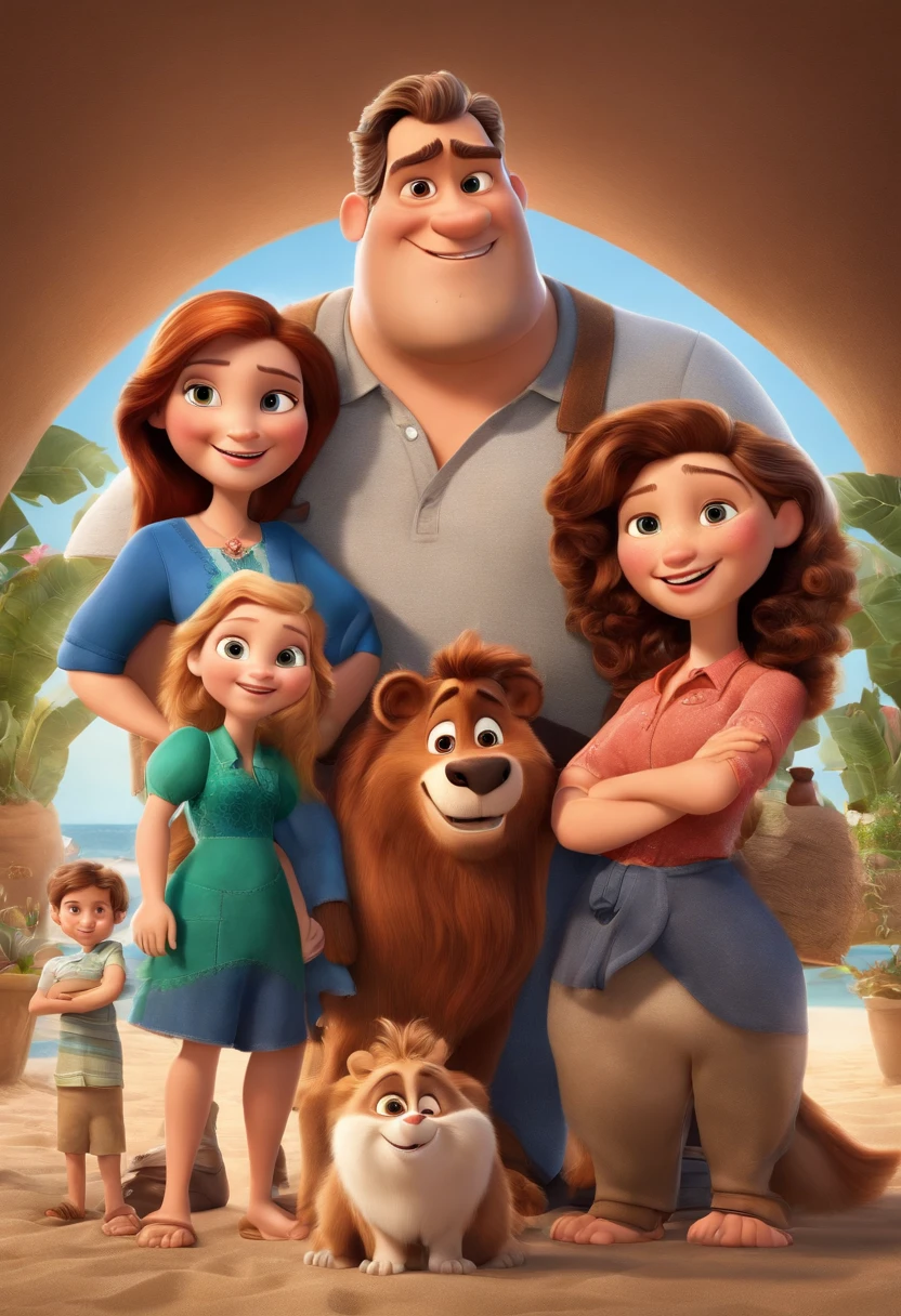 a Disney Pixar movie poster showing a white-skinned family. The father is the tallest, Tem barba curta, loiro, cabelos curtos e espinhosos. The mother has brown eyes and hair, shoulder-length and is slightly overweight. A menina tem 4 anos e cabelos castanhos, roupa rosa e rabos de cavalo. The background is a beach garden. 3D-rendering