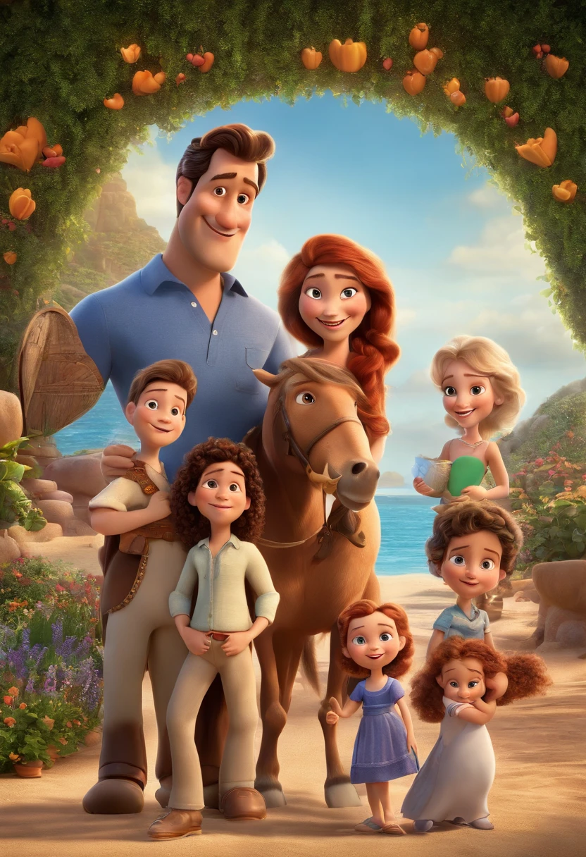 a Disney Pixar movie poster showing a white-skinned family. The father is the tallest, Tem barba curta, loiro, cabelos curtos e espinhosos. The mother has brown eyes and hair, shoulder-length and is slightly overweight. A tem 4 anos e cabelos castanhos, roupa rosa e rabos de cavalo. The background is a beach garden. 3D-rendering