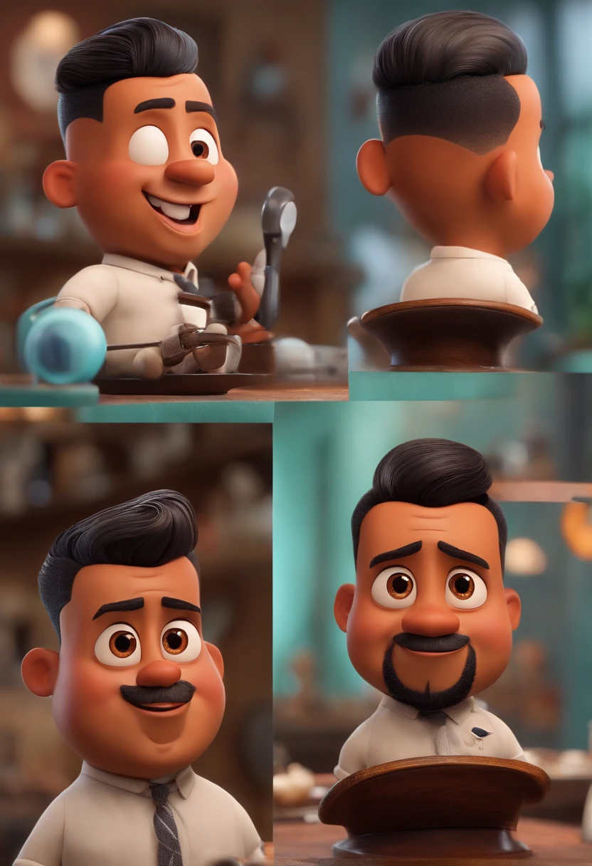 A Dream Barber Inspired by Pixar Animation, de perto. The character takes center stage with captivating facial expressions, oferecendo um toque de irrealidade, Cabelo curto e gordinho gradiente