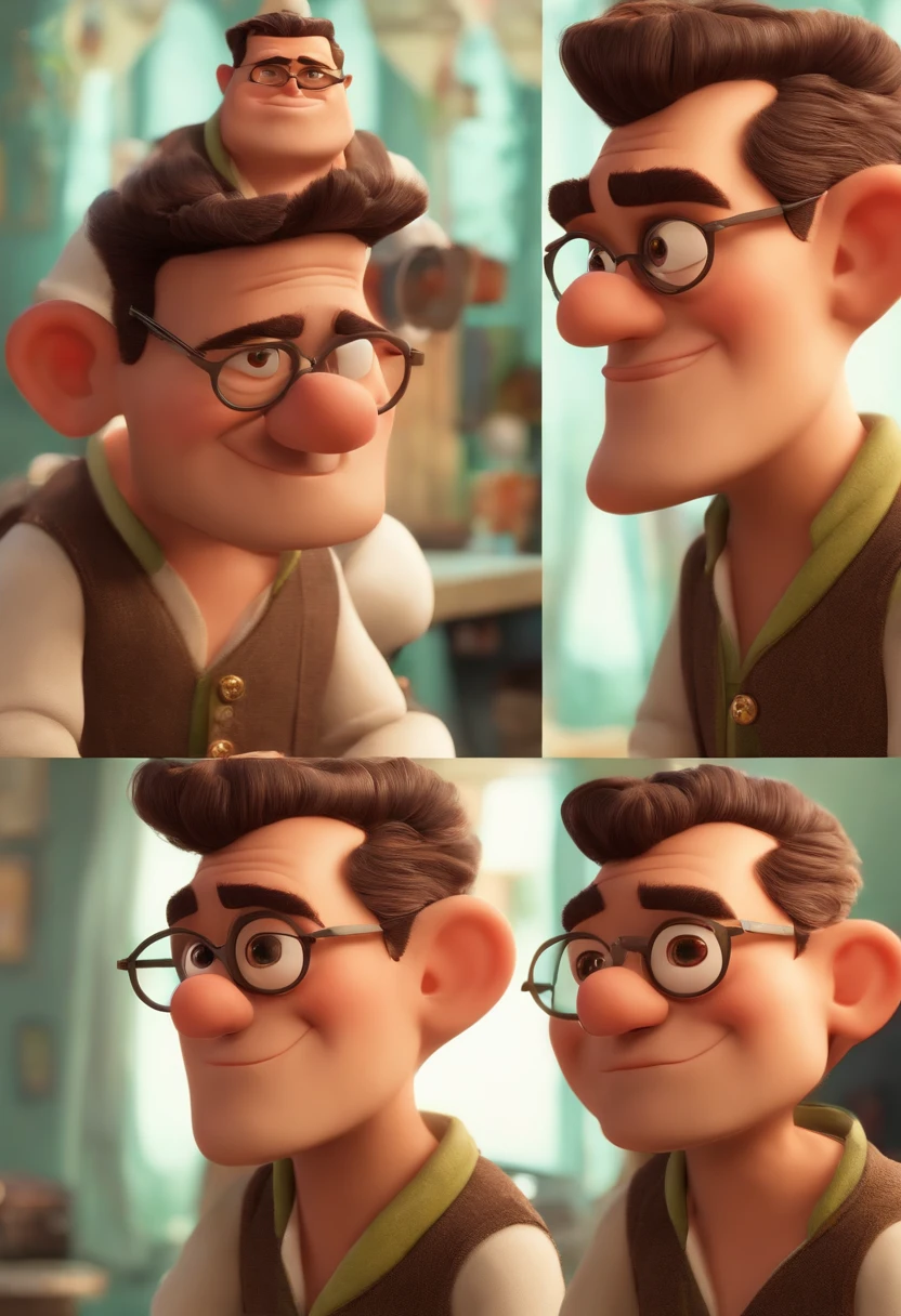 A Dream Barber Inspired by Pixar Animation, de perto. The character takes center stage with captivating facial expressions, oferecendo um toque de irrealidade, Cabelo curto e gordinho gradiente