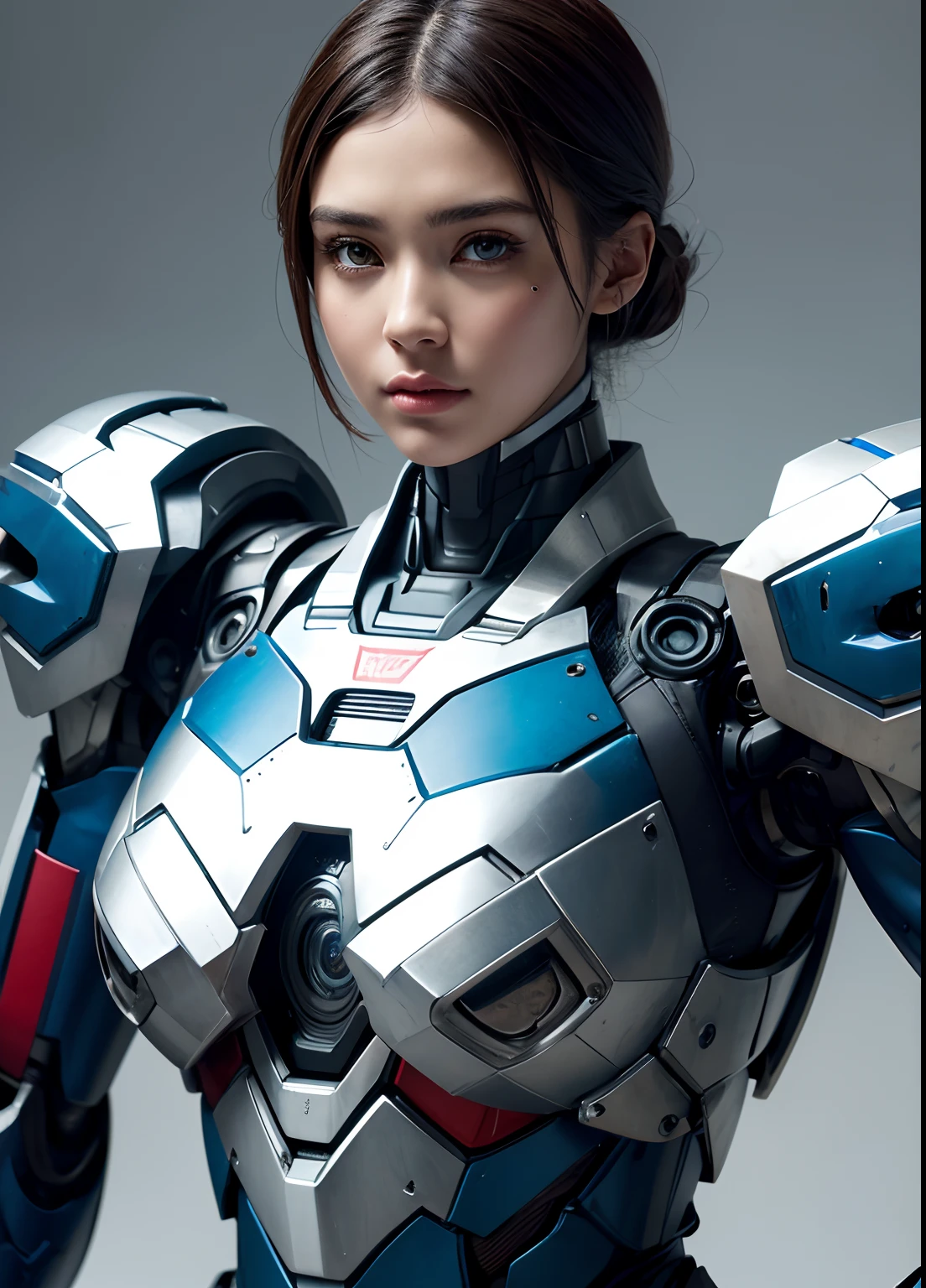 Textured skin, Super Detail, high details, High quality, Best Quality, hight resolution, 1080p, hard disk, Beautiful,(Iron Patriot),2 females,beautiful cyborg woman,Mecha Cyborg Girl,Battle Mode,Girl with a Mecha Body,She wears a futuristic Iron Patriot mech,Fulll body Shot