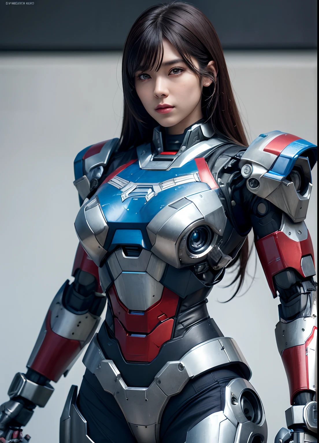 Textured skin, Super Detail, high details, High quality, Best Quality, hight resolution, 1080p, hard disk, Beautiful,(Iron Patriot),2 females,beautiful cyborg woman,Mecha Cyborg Girl,Battle Mode,Girl with a Mecha Body,She wears a futuristic Iron Patriot mech,Fulll body Shot