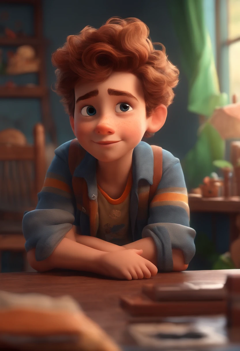 Image of a boy for a story in a YouTube video in Pixar format, He's the allabester, He's the class leader, He's outgoing, Playful and gets up for a lot of things, cabelo curto
