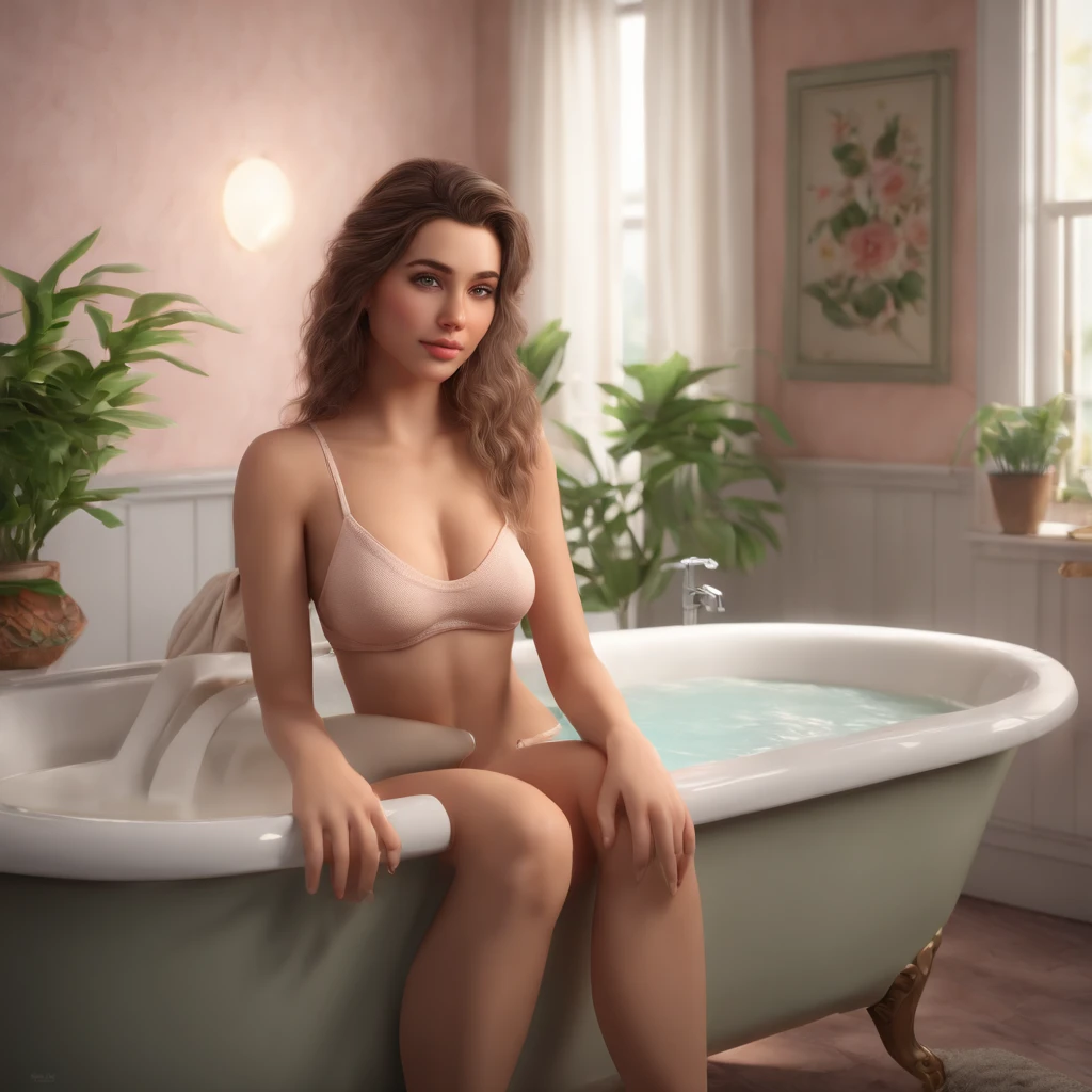 Highly detailed CG Unity 8K wallpaper, With the highest quality, super detailed, Master Piece, Realistic, photograph realistic, extremely detailed cute girl, 25 years old, blush,, Round eyes, medium breasts, looking viewer, Half body shot , towel , bathroom, sitting