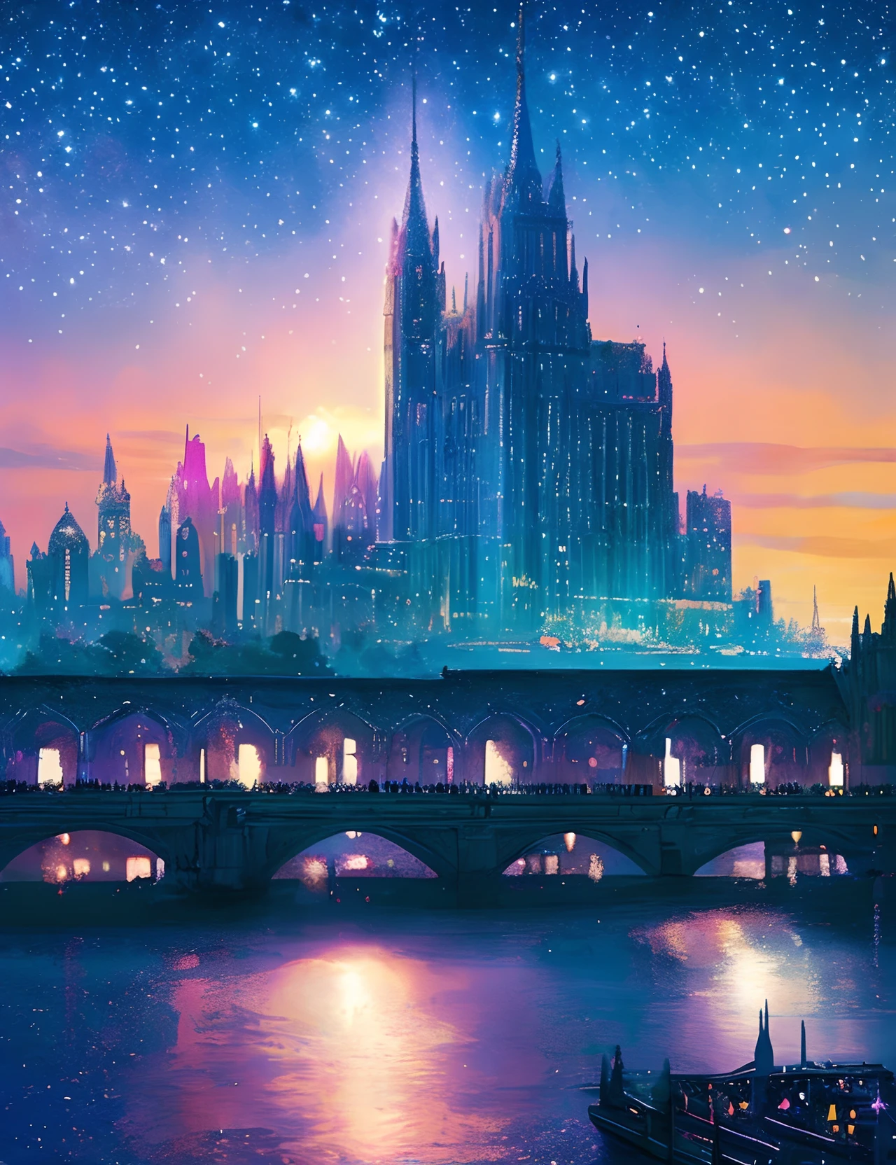Colorful Metropolitan Museum of Art、River painting with stars and moon in rainbow sky、the met、Shining skyscrapers、Shine across the board、Skyscrapers、Concept art inspired by Mitsuoki Tosa、pixiv contest winners、top-quality、Fantasyart、beautiful anime scene、Bright moon、Moonlit star environment、Dream painting、Anime Background Art、Fantasy landscape art、fantasy knight、anime backgrounds、background artwork、Fantastic art、atmospheric anime、starrysky、Detail has been enhanced。