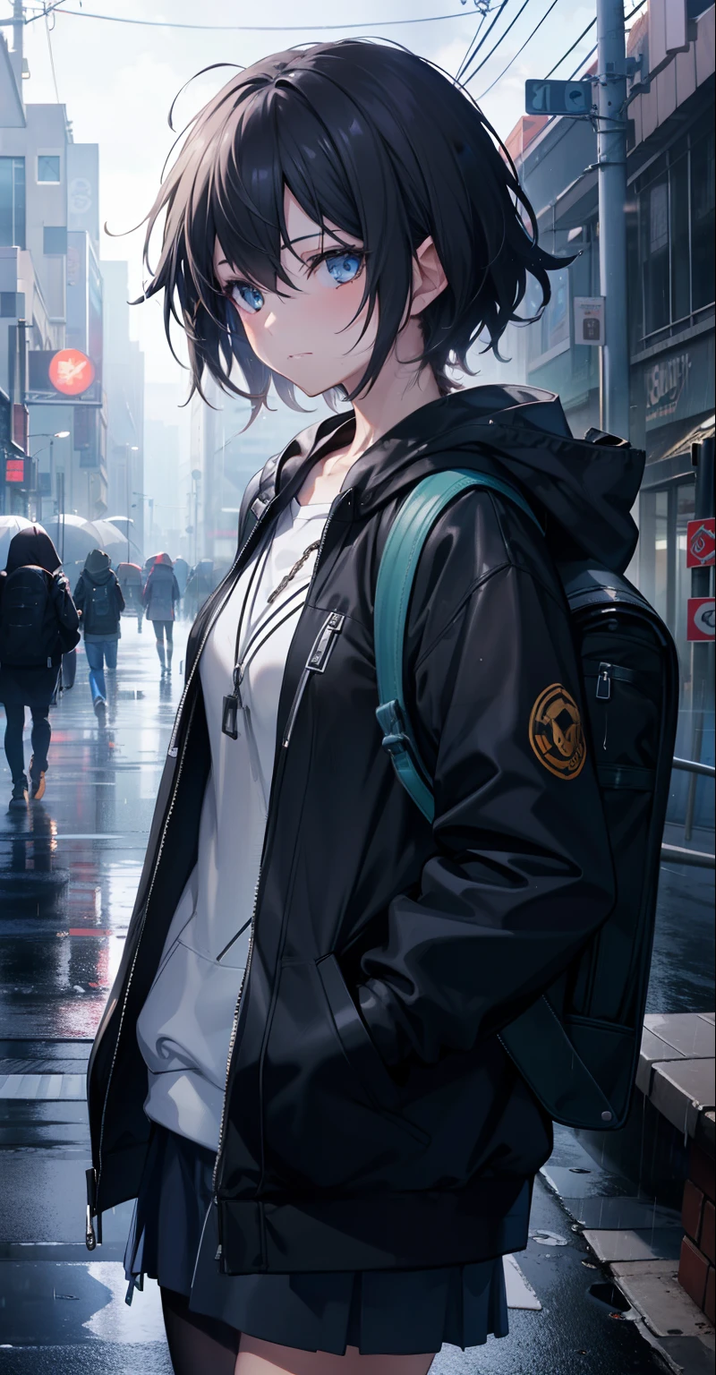 1girl, jacket, rain, outdoors, sweatshirt, open jacket, chain, backpack, looking at each other, messy hair, artstation trend, 8k resolution, highly detailed, anatomically correct, sharp image, digital painting, concept art, trend pixiv, styled by Makoto Shinkai,