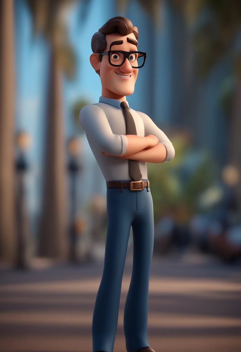 Cartoon character of a man wearing black glasses and a blue shirt, um personagem animado, com bigode e cavanhaque, Caractere estilizado, animation style rendering, 3D estilizado, Arnold Maya render, 3 d render stylized, toon render keyshot, Personagem 3D, Personagem 3D, 3d rendering stylized, 3 d character render, personagem de desenho animado, Personagem de close up, Pose de personagem,  (Estilo Pixar) (master part:1.2) (Bokeh) (best quality) (pele detalhada) (textura detalhada) (8k) (argila) (Cinematic lighting) (foco nítido