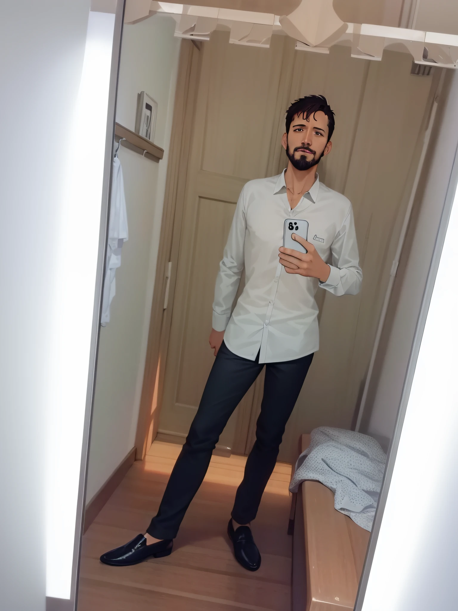 Homem de Arafed tirando uma selfie em um espelho em um banheiro, vestir camisa bege, vestindo camisa, vestindo uma camisa clara, imagem de corpo inteiro, roupas casuais, camisa bege pixar 3d