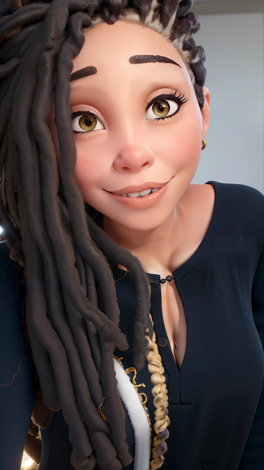 Mulher cabelos com Dreads castanhos e louros, pele morena clara, olhos castanhos, roupa preta.