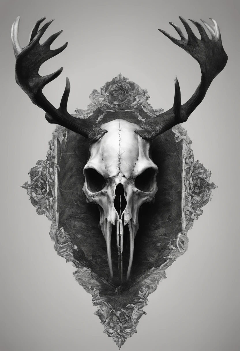 Moose skull, 5 cavidades ocular, 4 chifres, hyper-realistic, artistic, tudo preto e branco, fundo preto