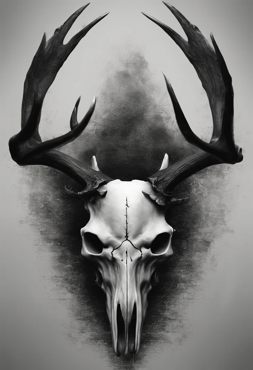 Moose skull, 5 cavidades ocular, 4 chifres, hyper-realistic, artistic, tudo preto e branco, fundo preto