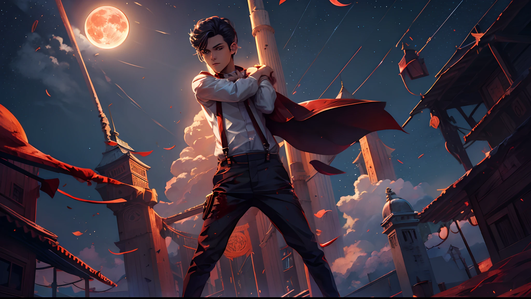 Blood Moon，meteors，As estrelas，Boy student，dark cloude，middle parted hairstyle，Suspenders
