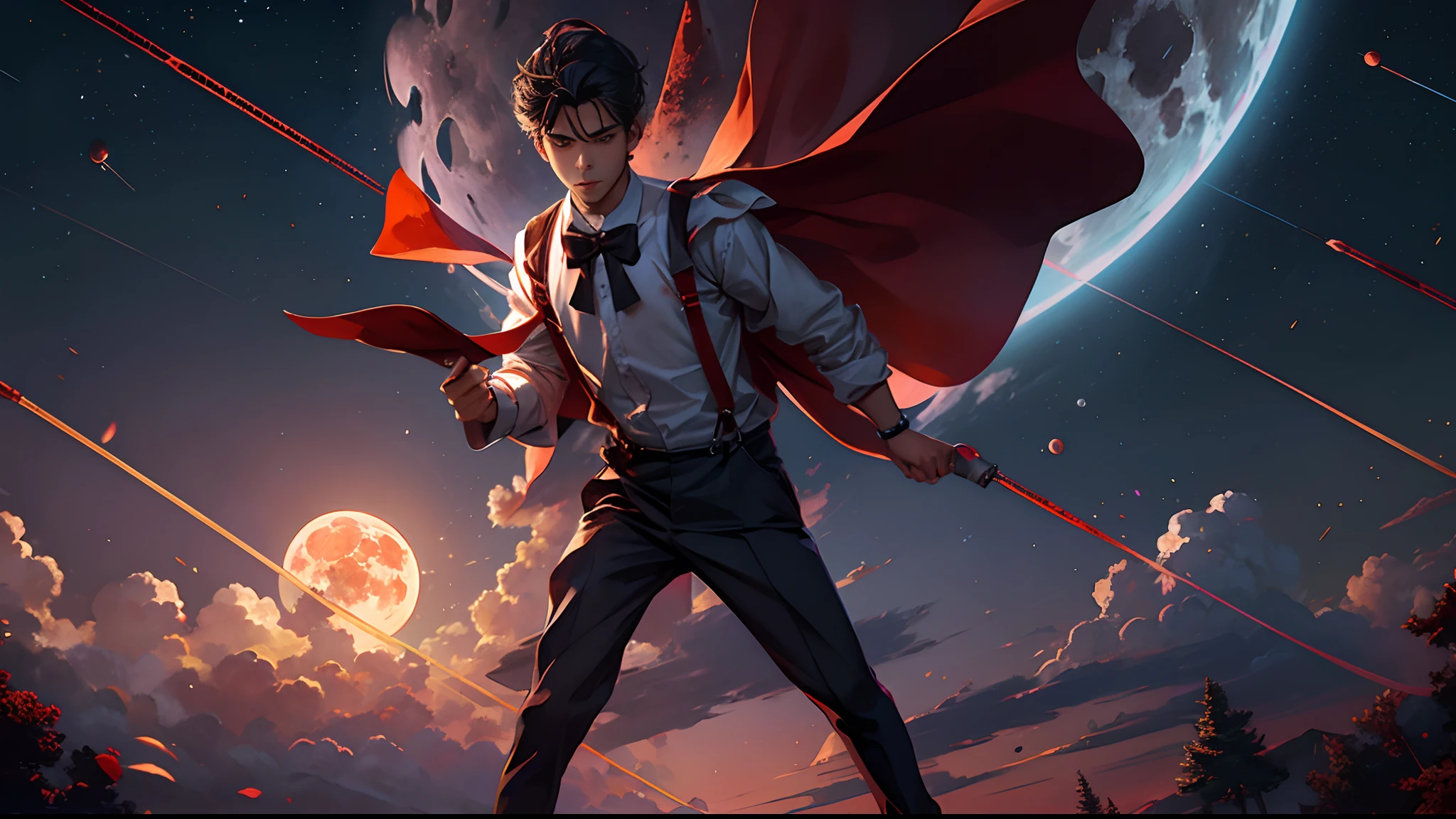 Blood Moon,meteors,As estrelas,Boy student,dark cloude,middle parted hairstyle,Suspenders